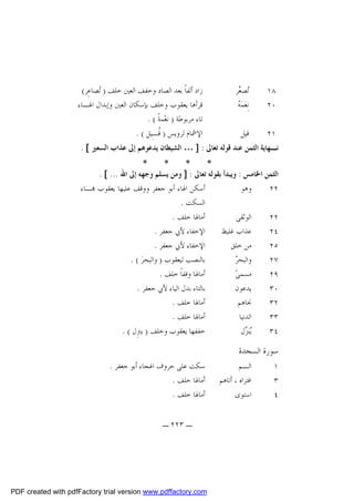 ‫٨١‬
‫٠٢‬

‫‪‬ﺼ ‪‬ﺮ‬
‫ﺗ ﻌ‬
‫ﻪ‬
‫ﻧِﻌ‪‬ﻤ‪ ‬‬

‫١٢‬

‫ﻗﻴﻞ‬

‫ﺯﺍﺩ ﺃﻟﻔﺎﹰ ﺑﻌﺪ ﺍﻟﺼﺎﺩ ﻭﺧﻔﻒ ﺍﻟﻌﲔ ﺧﻠﻒ ) ‪‬ﺼﺎﻋِﺮ(‬
‫ﺗ‬
‫ﻗﺮﺃﻫﺎ ﻳﻌﻘﻮﺏ ﻭﺧﻠﻒ ﺑﺈﺳﻜﺎﻥ ﺍﻟﻌﲔ ﻭﺇﺑﺪﺍﻝ ﺍﳍـﺎﺀ‬
‫ﺗﺎﺀ ﻣﺮﺑﻮﻃﺔ ) ﻧﻌ‪‬ﻤﺔﹰ ( .‬
‫ﺍﻹﴰﺎﻡ ﻟﺮﻭﻳﺲ ) ﹸـِﻴﻞ ( .‬
‫ﻗ‬

‫ﻧـﻬﺎﻳﺔ ﺍﻟﺜﻤﻦ ﻋﻨﺪ ﻗﻮﻟﻪ ﺗﻌﺎﱃ : ] … ﺍﻟﺸﻴﻄﺎﻥ ﻳﺪﻋﻮﻫﻢ ﺇﱃ ﻋﺬﺍﺏ ﺍﻟﺴﻌﲑ [ .‬
‫*‬
‫*‬
‫*‬
‫*‬
‫ﺍﻟﺜﻤﻦ ﺍﳋﺎﻣﺲ : ﻭﻳﺒﺪﺃ ﺑﻘﻮﻟﻪ ﺗﻌﺎﱃ : ] ﻭﻣﻦ ﻳﺴﻠﻢ ﻭﺟﻬﻪ ﺇﱃ ﺍﷲ ... [ .‬
‫ﺃﺳﻜﻦ ﺍﳍﺎﺀ ﺃﺑﻮ ﺟﻌﻔﺮ ﻭﻭﻗﻒ ﻋﻠﻴﻬﺎ ﻳﻌﻘﻮﺏ ‪‬ـﺎﺀ‬
‫ﻭﻫﻮ‬
‫٢٢‬
‫ﺍﻟﺴﻜﺖ .‬
‫ﺃﻣﺎﳍﺎ ﺧﻠﻒ .‬
‫ﺍﻟﻮﺛﻘﻰ‬
‫٢٢‬
‫ﺍﻹﺧﻔﺎﺀ ﻷﰊ ﺟﻌﻔﺮ .‬
‫ﻋﺬﺍﺏ ﻏﻠﻴﻆ‬
‫٤٢‬
‫ﺍﻹﺧﻔﺎﺀ ﻷﰊ ﺟﻌﻔﺮ .‬
‫ﻣﻦ ﺧﻠﻖ‬
‫٥٢‬
‫ﺑﺎﻟﻨﺼﺐ ﻟﻴﻌﻘﻮﺏ ) ﻭﺍﻟﺒﺤﺮ‪. ( ‬‬
‫ﺮ‬
‫ﻭﺍﻟﺒﺤ ‪‬‬
‫٧٢‬
‫ﺃﻣﺎﳍﺎ ﻭﻗﻔﺎﹰ ﺧﻠﻒ .‬
‫ﻣﺴﻤﻰ‪‬‬
‫٩٢‬
‫ﺑﺎﻟﺘﺎﺀ ﺑﺪﻝ ﺍﻟﻴﺎﺀ ﻷﰊ ﺟﻌﻔﺮ .‬
‫ﻳﺪﻋﻮﻥ‬
‫٠٣‬
‫ﺃﻣﺎﳍﺎ ﺧﻠﻒ .‬
‫ﳒﺎﻫﻢ‬
‫٢٣‬
‫ﺃﻣﺎﳍﺎ ﺧﻠﻒ .‬
‫ﺍﻟﺪﻧﻴﺎ‬
‫٣٣‬
‫ﺧﻔﻔﻬﺎ ﻳﻌﻘﻮﺏ ﻭﺧﻠﻒ ) ﻳﱰِﻝ ( .‬
‫‪‬ﻨ‪ ‬ﻝ‬
‫ﻳﺰ‬
‫٤٣‬

‫ﺳﻮﺭﺓ ﺍﻟﺴﺠﺪﺓ‬

‫١‬
‫٣‬
‫٤‬

‫ﺍﻟـﻢ‬
‫ﺍﻓﺘﺮﺍﻩ ، ﺃﺗﺎﻫﻢ‬
‫ﺍﺳﺘﻮﻯ‬

‫ﺳﻜﺖ ﻋﻠﻰ ﺣﺮﻭﻑ ﺍﳍﺠﺎﺀ ﺃﺑﻮ ﺟﻌﻔﺮ .‬
‫ﺃﻣﺎﳍﺎ ﺧﻠﻒ .‬
‫ﺃﻣﺎﳍﺎ ﺧﻠﻒ .‬
‫ـ ٣٢٢ ـ‬

‫‪PDF created with pdfFactory trial version www.pdffactory.com‬‬

 