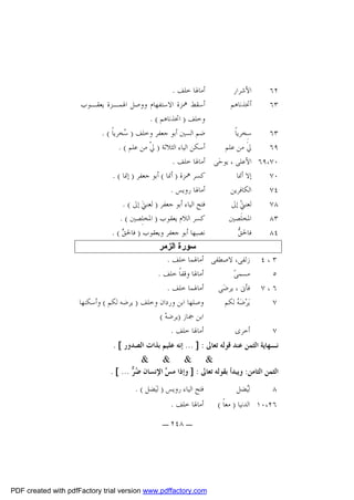 ‫ﺃﻣﺎﳍﺎ ﺧﻠﻒ .‬
‫ﺍﻷﺷﺮﺍﺭ‬
‫٢٦‬
‫ﺃﺳﻘﻂ ﳘﺰﺓ ﺍﻻﺳﺘﻔﻬﺎﻡ ﻭﻭﺻﻞ ﺍﳍﻤـﺰﺓ ﻳﻌﻘـﻮﺏ‬
‫ﺃﲣﺬﻧﺎﻫﻢ‬
‫٣٦‬
‫ﻭﺧﻠﻒ ) ﺍﲣﺬﻧﺎﻫﻢ ( .‬
‫ﺿﻢ ﺍﻟﺴﲔ ﺃﺑﻮ ﺟﻌﻔﺮ ﻭﺧﻠﻒ ) ‪‬ﺨﺮﻳﺎﹰ ( .‬
‫ﺳ‬
‫ﺳِﺨﺮﻳﺎﹰ‬
‫٣٦‬
‫ﺃﺳﻜﻦ ﺍﻟﻴﺎﺀ ﺍﻟﺜﻼﺛﺔ ) ﱄﹾ ﻣﻦ ﻋﻠﻢ ( .‬
‫ﱄﹶ ﻣﻦ ﻋﻠﻢ‬
‫٩٦‬
‫٠٧،٩٦ ﺍﻷﻋﻠﻰ ، ﻳﻮﺣ‪‬ﻰ ﺃﻣﺎﳍﺎ ﺧﻠﻒ .‬
‫ﻛﺴﺮ ﳘﺰﺓ ) ﺃﳕﺎ ( ﺃﺑﻮ ﺟﻌﻔﺮ ) ﺇﳕﺎ ( .‬
‫ﺇﻻ ﺃﳕﺎ‬
‫٠٧‬
‫ﺃﻣﺎﳍﺎ ﺭﻭﻳﺲ .‬
‫ﺍﻟﻜﺎﻓﺮﻳﻦ‬
‫٤٧‬
‫ﻓﺘﺢ ﺍﻟﻴﺎﺀ ﺃﺑﻮ ﺟﻌﻔﺮ ) ﻟﻌﻨﱵ‪ ‬ﺇﱃ ( .‬
‫ﻟﻌﻨﱵ‪ ‬ﺇﱃ‬
‫٨٧‬
‫ﻛﺴﺮ ﺍﻟﻼﻡ ﻳﻌﻘﻮﺏ ) ﺍﳌﺨﻠِﺼﲔ ( .‬
‫ﺍﳌﺨﻠﹶﺼﲔ‬
‫٣٨‬
‫ﻧﺼﺒﻬﺎ ﺃﺑﻮ ﺟﻌﻔﺮ ﻭﻳﻌﻘﻮﺏ ) ﻓﺎﳊ ‪. ( ‬‬
‫ﻖ‬
‫ﻖ‬
‫ﻓﺎﳊ ‪‬‬
‫٤٨‬
‫٣،٤‬
‫٥‬
‫٦،٧‬
‫٧‬
‫٧‬

‫ﺳﻮرة اﻟﺰﻣﺮ‬
‫ﺯﻟﻔﻰ، ﻻﺻﻄﻔﻰ ﺃﻣﺎﳍﻤﺎ ﺧﻠﻒ .‬
‫ﺃﻣﺎﳍﺎ ﻭﻗﻔﺎﹰ ﺧﻠﻒ .‬
‫ﻣﺴﻤﻰ‪‬‬
‫ﺃﻣﺎﳍﻤﺎ ﺧﻠﻒ .‬
‫ﻓﺄﱏ ، ﻳﺮﺿ‪‬ﻰ‬
‫ﻭﺻﻠﻬﺎ ﺍﺑﻦ ﻭﺭﺩﺍﻥ ﻭﺧﻠﻒ ) ﻳﺮﺿﻪ ﻟﻜﻢ ( ﻭﺃﺳﻜﻨﻬﺎ‬
‫ﻳ‪‬ﺮ‪‬ﺿ‪  ‬ﻟﻜﻢ‬
‫ﻪ‬
‫ﺍﺑﻦ ﲨﺎﺯ )ﻳﺮﺿﻪ‪( ‬‬
‫ﺃﻣﺎﳍﺎ ﺧﻠﻒ .‬
‫ﺃﺧﺮﻯ‬

‫ﻧـﻬﺎﻳﺔ ﺍﻟﺜﻤﻦ ﻋﻨﺪ ﻗﻮﻟﻪ ﺗﻌﺎﱃ : ] ... ﺇﻧﻪ ﻋﻠﻴﻢ ﺑﺬﺍﺕ ﺍﻟﺼﺪﻭﺭ [ .‬
‫& & & &‬
‫ﺍﻟﺜﻤﻦ ﺍﻟﺜﺎﻣﻦ: ﻭﻳﺒﺪﺃ ﺑﻘﻮﻟﻪ ﺗﻌﺎﱃ : ] ﻭﺇﺫﺍ ﻣ ‪ ‬ﺍﻹﻧﺴﺎﻥ ‪. [ ...  ‬‬
‫ﺿﺮ‬
‫ﺲ‬
‫٨‬

‫ﻟ‪‬ﻀﻞ‬
‫ﻴ‬

‫٦٢،٠١ ﺍﻟﺪﻧﻴﺎ ) ﻣﻌﺎﹰ (‬

‫ﻓﺘﺢ ﺍﻟﻴﺎﺀ ﺭﻭﻳﺲ ) ﻟﻴ‪‬ﻀﻞ ( .‬
‫ﺃﻣﺎﳍﺎ ﺧﻠﻒ .‬
‫ـ ٨٤٢ ـ‬

‫‪PDF created with pdfFactory trial version www.pdffactory.com‬‬

 