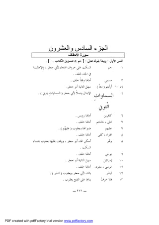 ‫اﻟﺠﺰء اﻟﺴﺎدس واﻟﻌﺸﺮون‬
‫ﺳﻮرة اﻷﺣﻘﺎف‬
‫ﺍﻟﺜﻤﻦ ﺍﻷﻭﻝ : ﻭﻳﺒﺪﺃ ﺑﻘﻮﻟﻪ ﺗﻌﺎﱃ : ] ﺣﻢ & ﺗﻨـﺰﻳﻞ ﺍﻟﻜﺘﺎﺏ ... [ .‬
‫ﺍﻟﺴﻜﺖ ﻋﻠﻰ ﺣﺮﻭﻑ ﺍﳍﺠﺎﺀ ﻷﰊ ﺟﻌﻔﺮ ، ﻭﺍﻹﻣﺎﻟـﺔ‬
‫ﺣﻢ‬
‫١‬
‫ﰲ ﺍﳊﺎﺀ ﳋﻠﻒ .‬
‫ﺃﻣﺎﳍﺎ ﻭﻗﻔﺎﹰ ﺧﻠﻒ .‬
‫ﻣﺴﻤﻰ‬
‫٣‬
‫٤، ٠١ ﺃﺭﺃﻳﺘﻢ ) ﻣﻌﺎﹰ ( ﺳﻬﻞ ﺍﻟﺜﺎﻧﻴﺔ ﺃﺑﻮ ﺟﻌﻔﺮ.‬
‫ﺍﻹﺑﺪﺍﻝ ﻭﺻﻼﹰ ﻷﰊ ﺟﻌﻔﺮ ) ﺍﻟﺴﻤﺎﻭﺍﺕِ ﻳﺘﻮﱐ ( .‬
‫٤‬

‫٦‬
‫٧‬
‫٧‬
‫٨‬
‫٨‬
‫٩‬
‫٠١‬
‫٢١‬
‫٢١‬
‫٣١‬

‫ﺍﻟﺴﻤﺎﻭﺍﺕِ‬
‫ﺍﺋﹾﺘﻮﱐ‬

‫ﺃﻣﺎﳍﺎ ﺭﻭﻳﺲ .‬
‫ﻛﺎﻓﺮﻳﻦ‬
‫ﺗﺘﻠﻰ ، ﺟﺎﺀﻫﻢ ﺃﻣﺎﳍﺎ ﺧﻠﻒ .‬
‫ﺿﻢ ﺍﳍﺎﺀ ﻳﻌﻘﻮﺏ ) ﻋﻠﻴ ‪‬ﻢ ( .‬
‫ﻬ‬
‫ﻋﻠﻴﻬﻢ‬
‫ﺃﻣﺎﳍﺎ ﺧﻠﻒ .‬
‫ﺍﻓﺘﺮﺍﻩ ، ﻛﻔﻰ‬
‫ﺃﺳﻜﻦ ﺍﳍﺎﺀ ﺃﺑﻮ ﺟﻌﻔﺮ ، ﻭﻭﻗﻒ ﻋﻠﻴﻬﺎ ﻳﻌﻘﻮﺏ ‪‬ـﺎﺀ‬
‫ﻭ ‪‬ﻮ‬
‫ﻫ‬
‫ﺍﻟﺴﻜﺖ .‬
‫ﺃﻣﺎﳍﺎ ﺧﻠﻒ .‬
‫ﻳﻮﺣﻰ‬
‫ﺳﻬﻞ ﺍﻟﺜﺎﻧﻴﺔ ﺃﺑﻮ ﺟﻌﻔﺮ .‬
‫ﺇﺳﺮﺍﺋﻴﻞ‬
‫ﻣﻮﺳﻰ ، ﺑﺸﺮﻯ ﺃﻣﺎﳍﺎ ﺧﻠﻒ .‬
‫ﺑﺎﻟﺘﺎﺀ ﻷﰊ ﺟﻌﻔﺮ ﻭﻳﻌﻘﻮﺏ ) ﻟﺘﻨﺬﺭ ( .‬
‫ﻟﻴﻨﺬﺭ‬
‫ﺑﻨﺎﻫﺎ ﻋﻠﻰ ﺍﻟﻔﺘﺢ ﻳﻌﻘﻮﺏ .‬
‫ﻑ‬
‫ﻓﻼ ﺧﻮ ‪‬‬
‫ـ ١٧٢ ـ‬

‫‪PDF created with pdfFactory trial version www.pdffactory.com‬‬

 