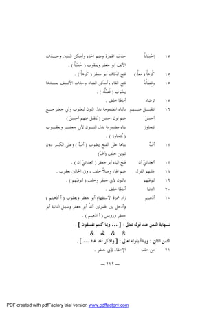 ‫٥١‬
‫٥١‬
‫٥١‬
‫٥١‬
‫٦١‬

‫٧١‬
‫٧١‬
‫٨١‬
‫٩١‬
‫٠٢‬
‫٠٢‬

‫ﺣﺬﻑ ﺍﳍﻤﺰﺓ ﻭﺿﻢ ﺍﳊﺎﺀ ﻭﺃﺳﻜﻦ ﺍﻟﺴﲔ ﻭﺣـﺬﻑ‬
‫ﺇﺣ‪‬ﺴ‪‬ﺎﻧﺎﹰ‬
‫ﺍﻷﻟﻒ ﺃﺑﻮ ﺟﻌﻔﺮ ﻭﻳﻌﻘﻮﺏ ) ‪‬ﺴ‪‬ﻨﺎﹰ ( .‬
‫ﺣ‬
‫ﹸﺮﻫﺎﹰ ) ﻣﻌﺎﹰ ( ﻓﺘﺢ ﺍﻟﻜﺎﻑ ﺃﺑﻮ ﺟﻌﻔﺮ ) ﻛﹶﺮﻫﺎﹰ ( .‬
‫ﻛ‬
‫ﻓﺘﺢ ﺍﻟﻔﺎﺀ ﻭﺃﺳﻜﻦ ﺍﻟﺼﺎﺩ ﻭﺣﺬﻑ ﺍﻷﻟـﻒ ﺑﻌـﺪﻫﺎ‬
‫ﻟﻪ‬
‫ﻭﻓِﺼ‪‬ﺎﹸ ‪‬‬
‫ﻳﻌﻘﻮﺏ ) ﻓﹶﺼ‪‬ﹸﻪ ( .‬
‫ﻠ‬
‫ﺃﻣﺎﳍﺎ ﺧﻠﻒ .‬
‫ﺗﺮﺿﺎﻩ‬
‫ﻧﺘﻘﺒ ـﻞ ﻋﻨ ـﻬﻢ ﺑﺎﻟﻴﺎﺀ ﺍﳌﻀﻤﻮﻣﺔ ﺑﺪﻝ ﺍﻟﻨﻮﻥ ﻟﻴﻌﻘﻮﺏ ﻭﺃﰊ ﺟﻌﻔﺮ ﻣـﻊ‬
‫ـ ـ‬
‫ﺿﻢ ﻧﻮﻥ ﺃﺣﺴﻦ ) ‪‬ﺘﻘﺒﻞ ﻋﻨﻬﻢ ﺃﺣﺴ ‪( ‬‬
‫ﻦ‬
‫ﻳ‬
‫ﺃﺣﺴﻦ‪‬‬
‫ﺑﻴﺎﺀ ﻣﻀﻤﻮﻣﺔ ﺑﺪﻝ ﺍﻟﻨـﻮﻥ ﻷﰊ ﺟﻌﻔـﺮ ﻭﻳﻌﻘـﻮﺏ‬
‫ﻧﺘﺠﺎﻭﺯ‬
‫) ‪‬ﺘﺠﺎﻭﺯ ( .‬
‫ﻳ‬
‫ﺑﻨﺎﻫﺎ ﻋﻠﻰ ﺍﻟﻔﺘﺢ ﻳﻌﻘﻮﺏ ) ﺃ ‪ ( ‬ﻭﻋﻠﻰ ﺍﻟﻜﺴﺮ ﺩﻭﻥ‬
‫ﻑ‬
‫ﻑ‬
‫ﺃ ‪‬‬
‫ﺗﻨﻮﻳﻦ ﺧﻠﻒ )ﺃ ‪(‬‬
‫ﻑ‬
‫ﻓﺘﺢ ﺍﻟﻴﺎﺀ ﺃﺑﻮ ﺟﻌﻔﺮ ) ﺃﺗﻌﺪﺍﻧﲏ‪ ‬ﺃﻥ ( .‬
‫ﺃﺗﻌﺪﺍﻧﲏ‪ ‬ﺃﻥ‬
‫ﺿﻢ ﺍﳍﺎﺀ ﻭﺻﻼﹰ ﺧﻠﻒ ، ﻭﰲ ﺍﳊﺎﻟﲔ ﻳﻌﻘﻮﺏ .‬
‫ﻋﻠﻴﻬﻢ ﺍﻟﻘﻮﻝ‬
‫ﺑﺎﻟﻨﻮﻥ ﻷﰊ ﺟﻌﻔﺮ ﻭﺧﻠﻒ ) ﻟﻨﻮﻓﻴ‪‬ﻬﻢ ( .‬
‫ﻟﻴﻮﻓﻴ‪‬ﻬﻢ‬
‫ﺃﻣﺎﳍﺎ ﺧﻠﻒ .‬
‫ﺍﻟﺪﻧﻴﺎ‬
‫ﺯﺍﺩ ﳘﺰﺓ ﺍﻻﺳﺘﻔﻬﺎﻡ ﺃﺑﻮ ﺟﻌﻔﺮ ﻭﻳﻌﻘﻮﺏ ) ﺃ ﺃﺫﻫﺒﺘﻢ (‬
‫ﺃﺫﻫﺒﺘﻢ‬
‫ﻭﺃﺩﺧﻞ ﺑﲔ ﺍﳍﻤﺰﺗﲔ ﺃﻟﻔﺎﹰ ﺃﺑﻮ ﺟﻌﻔﺮ ﻭﺳﻬﻞ ﺍﻟﺜﺎﻧﻴﺔ ﺃﺑﻮ‬
‫ﺟﻌﻔﺮ ﻭﺭﻭﻳﺲ ) ﺃ ﺍﺫﻫﺒﺘﻢ ( .‬

‫ﻧـﻬﺎﻳﺔ ﺍﻟﺜﻤﻦ ﻋﻨﺪ ﻗﻮﻟﻪ ﺗﻌﺎﱃ : ] … ﻭﲟﺎ ﻛﻨﺘﻢ ﺗﻔﺴﻘﻮﻥ [ .‬
‫& & & &‬
‫ﺍﻟﺜﻤﻦ ﺍﻟﺜﺎﱐ : ﻭﻳﺒﺪﺃ ﺑﻘﻮﻟﻪ ﺗﻌﺎﱃ : ] ﻭﺍﺫﻛﺮ ﺃﺧﺎ ﻋﺎﺩ … [ .‬
‫ﺍﻹﺧﻔﺎﺀ ﻷﰊ ﺟﻌﻔﺮ .‬
‫ﻣﻦ ﺧﻠﻔﻪ‬
‫١٢‬
‫ـ ٢٧٢ ـ‬

‫‪PDF created with pdfFactory trial version www.pdffactory.com‬‬

 