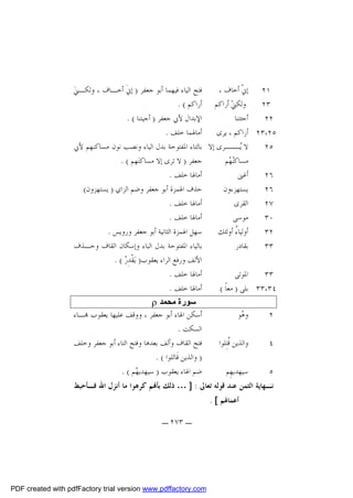 ‫ﻓﺘﺢ ﺍﻟﻴﺎﺀ ﻓﻴﻬﻤﺎ ﺃﺑﻮ ﺟﻌﻔﺮ ) ﺇﱐﹶ ﺃﺧـﺎﻑ ، ﻭﻟﻜـﲏ‪‬‬
‫١٢ ﺇﱐﹾ ﺃﺧﺎﻑ ،‬
‫ﻭﻟﻜﲏ‪ ‬ﺃﺭﺍﻛﻢ ﺃﺭﺍﻛﻢ ( .‬
‫٣٢‬
‫ﺍﻹﺑﺪﺍﻝ ﻷﰊ ﺟﻌﻔﺮ ) ﺃﺟﻴﺘﻨﺎ ( .‬
‫ﺃﺟﺌﺘﻨﺎ‬
‫٢٢‬
‫ﺃﻣﺎﳍﻤﺎ ﺧﻠﻒ .‬
‫٥٢،٣٢ ﺃﺭﺍﻛﻢ ، ﻳﺮﻯ‬
‫ﻻ ﻳ ـﺮﻯ ﺇﻻ ﺑﺎﻟﺘﺎﺀ ﺍﳌﻔﺘﻮﺣﺔ ﺑﺪﻝ ﺍﻟﻴﺎﺀ ﻭﻧﺼﺐ ﻧﻮﻥ ﻣﺴﺎﻛﻨﻬﻢ ﻷﰊ‬
‫‪‬ــ‬
‫٥٢‬
‫ﺟﻌﻔﺮ ) ﻻ ﺗﺮﻯ ﺇﻻ ﻣﺴﺎﻛﻨ‪‬ﻬﻢ ( .‬
‫ﻣﺴﺎﻛ‪ ‬ﻢ‬
‫ﻨﻬ‬
‫ﺃﻣﺎﳍﺎ ﺧﻠﻒ .‬
‫ﺃﻏﲎ‬
‫٦٢‬
‫ﺣﺬﻑ ﺍﳍﻤﺰﺓ ﺃﺑﻮ ﺟﻌﻔﺮ ﻭﺿﻢ ﺍﻟﺰﺍﻱ ) ﻳﺴﺘﻬﺰﻭﻥ(‬
‫ﻳﺴﺘﻬﺰﺀﻭﻥ‬
‫٦٢‬
‫ﺃﻣﺎﳍﺎ ﺧﻠﻒ .‬
‫ﺍﻟﻘﺮﻯ‬
‫٧٢‬
‫ﺃﻣﺎﳍﺎ ﺧﻠﻒ .‬
‫ﻣﻮﺳﻰ‬
‫٠٣‬
‫ﺳﻬﻞ ﺍﳍﻤﺰﺓ ﺍﻟﺜﺎﻧﻴﺔ ﺃﺑﻮ ﺟﻌﻔﺮ ﻭﺭﻭﻳﺲ .‬
‫ﺃﻭﻟﻴﺎ ُ ﺃﻭﻟﺌﻚ‬
‫ﺀ‬
‫٢٣‬
‫ﺑﺎﻟﻴﺎﺀ ﺍﳌﻔﺘﻮﺣﺔ ﺑﺪﻝ ﺍﻟﺒﺎﺀ ﻭﺇﺳﻜﺎﻥ ﺍﻟﻘﺎﻑ ﻭﺣـﺬﻑ‬
‫ﺑﻘﺎﺩﺭ‬
‫٣٣‬
‫ﺍﻷﻟﻒ ﻭﺭﻓﻊ ﺍﻟﺮﺍﺀ ﻳﻌﻘﻮﺏ) ﻳ‪‬ﻘﹾﺪِ ‪. ( ‬‬
‫ﺭ‬
‫ﺃﻣﺎﳍﺎ ﺧﻠﻒ .‬
‫ﺍﳌﻮﺗﻰ‬
‫٣٣‬
‫ﺃﻣﺎﳍﺎ ﺧﻠﻒ .‬
‫٤٣،٣٣ ﺑﻠﻰ ) ﻣﻌﺎﹰ (‬
‫٢‬

‫ﻭ ‪‬ﻮ‬
‫ﻫ‬

‫٤‬

‫ﻭﺍﻟﺬﻳﻦ ﹸﺘِﻠﻮﺍ‬
‫ﻗ‬

‫٥‬

‫ﺳﻴﻬﺪﻳﻬِﻢ‬

‫ﺳﻮرة ﻣﺤﻤﺪ ‪r‬‬
‫ﺃﺳﻜﻦ ﺍﳍﺎﺀ ﺃﺑﻮ ﺟﻌﻔﺮ ، ﻭﻭﻗﻒ ﻋﻠﻴﻬﺎ ﻳﻌﻘﻮﺏ ‪‬ـﺎﺀ‬
‫ﺍﻟﺴﻜﺖ .‬
‫ﻓﺘﺢ ﺍﻟﻘﺎﻑ ﻭﺃﻟﻒ ﺑﻌﺪﻫﺎ ﻭﻓﺘﺢ ﺍﻟﺘﺎﺀ ﺃﺑﻮ ﺟﻌﻔﺮ ﻭﺧﻠﻒ‬
‫) ﻭﺍﻟﺬﻳﻦ ﻗﹶﺎﺗ‪‬ﻠﻮﺍ ( .‬
‫ﺿﻢ ﺍﳍﺎﺀ ﻳﻌﻘﻮﺏ ) ﺳﻴﻬﺪﻳ ‪‬ﻢ ( .‬
‫ﻬ‬

‫ﻧـﻬﺎﻳﺔ ﺍﻟﺜﻤﻦ ﻋﻨﺪ ﻗﻮﻟﻪ ﺗﻌﺎﱃ : ] … ﺫﻟﻚ ﺑﺄ‪‬ﻢ ﻛﺮﻫﻮﺍ ﻣﺎ ﺃﻧﺰﻝ ﺍﷲ ﻓـﺄﺣﺒﻂ‬
‫ﺃﻋﻤﺎﳍﻢ [ .‬

‫ـ ٣٧٢ ـ‬

‫‪PDF created with pdfFactory trial version www.pdffactory.com‬‬

 