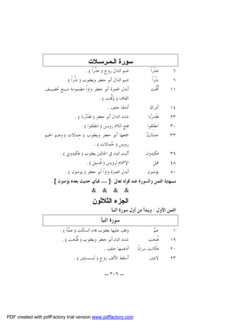 ‫ﺳﻮرة اﻟـﻤـﺮﺳـﻼت‬
‫٦‬
‫٦‬
‫١١‬

‫ﻋﺬﹾﺭﺍﹰ‬
‫ﻧﺬﹾﺭﺍﹰ‬
‫ﹸﱢﺘ‪‬ﺖ‬
‫ﺃﻗ‬

‫٤١‬
‫٣٢‬
‫٠٣‬
‫٣٣‬

‫ﺃﺩﺭﺍﻙ‬
‫ﻓﹶﻘﹶﺪﺭ‪‬ﻧﺎ‬
‫ﺍﻧﻄﻠِﻘﻮﺍ‬
‫ﺖ‬
‫ﺟِﻤﺎﻟ ‪‬‬

‫٩٣‬
‫٨٤‬
‫٠٥‬

‫ﻓﻜﻴﺪﻭﻥِ‬
‫ﻗﻴﻞ‬
‫ﻳﺆﻣﻨﻮﻥ‬

‫ﺿﻢ ﺍﻟﺬﺍﻝ ﺭﻭﺡ ) ﻋ ﹸﺭﺍﹰ ( .‬
‫ﺬ‬
‫ﺿﻢ ﺍﻟﺬﺍﻝ ﺃﺑﻮ ﺟﻌﻔﺮ ﻭﻳﻌﻘﻮﺏ ) ﻧ ﹸﺭﺍﹰ ( .‬
‫ﺬ‬
‫ﺃﺑﺪﻝ ﺍﳍﻤﺰﺓ ﺃﺑﻮ ﺟﻌﻔﺮ ﻭﺍﻭﺍﹰ ﻣﻀﻤﻮﻣﺔ ﻣـﻊ ﲣﻔﻴـﻒ‬
‫ﺍﻟﻘﺎﻑ ) ‪‬ﱢﺘﺖ ( .‬
‫ﻭﻗ‬
‫ﺃﻣﺎﳍﺎ ﺧﻠﻒ .‬
‫ﺷﺪﺩ ﺍﻟﺪﺍﻝ ﺃﺑﻮ ﺟﻌﻔﺮ ) ﻓﻘﹶ ‪‬ﺭﻧﺎ ( .‬
‫ﺪ‬
‫ﻓﺘﺢ ﺍﻟﻼﻡ ﺭﻭﻳﺲ ) ﺍﻧﻄﻠﹶﻘﻮﺍ ( .‬
‫ﲨﻌﻬﺎ ﺃﺑﻮ ﺟﻌﻔﺮ ﻭﻳﻌﻘﻮﺏ ) ﺟِﻤﺎﻻﺕ ( ﻭﺿﻢ ﺍﳉﻴﻢ‬
‫ﺭﻭﻳﺲ ) ‪‬ﻤﺎﻻﺕ ( .‬
‫ﺟ‬
‫ﺃﺛﺒﺖ ﺍﻟﻴﺎﺀ ﰲ ﺍﳊﺎﻟﲔ ﻳﻌﻘﻮﺏ ) ﻓﻜﻴﺪﻭﱐ ( .‬
‫ﺍﻹﴰﺎﻡ ﻟﺮﻭﻳﺲ ) ﹸـِﻴﻞ ( .‬
‫ﻗ‬
‫ﺃﺑﺪﻝ ﺍﳍﻤﺰﺓ ﻭﺍﻭﺍﹰ ﺃﺑﻮ ﺟﻌﻔﺮ ) ﻳﻮﻣﻨﻮﻥ ( .‬

‫ﻧـﻬﺎﻳﺔ ﺍﻟﺜﻤﻦ ﻭﺍﻟﺴﻮﺭﺓ ﻋﻨﺪ ﻗﻮﻟﻪ ﺗﻌﺎﱃ :] … ﻓﺒﺄﻱ ﺣﺪﻳﺚ ﺑﻌﺪﻩ ﻳﺆﻣﻨﻮﻥ [ .‬
‫& & & &‬

‫اﻟﺠﺰء اﻟﺜﻼﺛﻮن‬
‫ﺍﻟﺜﻤﻦ ﺍﻷﻭﻝ : ﻭﻳﺒﺪﺃ ﻣﻦ ﺃﻭﻝ ﺳﻮﺭﺓ ﺍﻟﻨﺒﺄ‬

‫ﺳﻮﺭﺓ ﺍﻟﻨﺒﺄ‬
‫١‬
‫٩١‬
‫٠٢‬
‫٣٢‬

‫ﻢ‬
‫ﻋ‪‬‬
‫ﹸﺘِﺤﺖ‬
‫ﻓ‬
‫ﻓﻜﺎﻧﺖ ﺳﺮﺍﺑﺎﹰ‬
‫ﻻﺑﺜﲔ‬

‫ﻭﻗﻒ ﻋﻠﻴﻬﺎ ﻳﻌﻘﻮﺏ ‪‬ﺎﺀ ﺍﻟﺴﻜﺖ ) ﻋ ‪‬ﻪ‪. ( ‬‬
‫ﻤ‬
‫ﺷﺪﺩ ﺍﻟﺘﺎﺀ ﺃﺑﻮ ﺟﻌﻔﺮ ﻭﻳﻌﻘﻮﺏ ) ﹸ‪‬ﺤﺖ ( .‬
‫ﻓﺘ‬
‫ﺃﺩﻏﻤﻬﺎ ﺧﻠﻒ .‬
‫ﺃﺳﻘﻂ ﺍﻷﻟﻒ ﺭﻭﺡ ) ﻟﹶﺒـِـﺜِﲔ ( .‬
‫ـ ٩٠٣ ـ‬

‫‪PDF created with pdfFactory trial version www.pdffactory.com‬‬

 