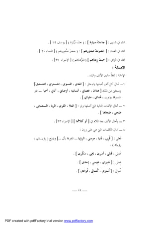 ‫ﺍﻟﺘﺎﺀ ﰲ ﺍﻟﺴﲔ : ] ﺟﺎﺀﺕ‪ ‬ﺳﻴﺎﺭﺓ [ : ) ﺟﺎﺀَ ‪‬ﺎﺭﺓ ( ] ﻳﻮﺳﻒ ٩١ [ .‬
‫ﺳﻴ‬
‫ﺍﻟﺘﺎﺀ ﰲ ﺍﻟﺼﺎﺩ : ] ﺣﺼﺮﺕ‪ ‬ﺻﺪﻭﺭﻫﻢ [ : ) ﺣﺼﺮ‪ ‬ﺪﻭﺭﻫﻢ ( ] ﺍﻟﻨﺴﺎﺀ ٠٩ [ .‬
‫ﺻ‬
‫ﺍﻟﺘﺎﺀ ﰲ ﺍﻟﺰﺍﻱ : ] ﺧﺒﺖ‪ ‬ﺯِﺩﻧﺎﻫﻢ [ )ﺧﺒ‪ ‬ﺩﻧﺎﻫﻢ ( ] ﺍﻹﺳﺮﺍﺀ ٧٩[ .‬
‫ﺰ‬
‫اﻹﻣــﺎﻟﺔ :‬
‫ﺍﻹﻣﺎﻟﺔ : ﻟﻔ ﹲ ﻣﺎﺑﲔ ﺍﻷﻟﻒ ﻭﺍﻟﻴﺎﺀ .‬
‫ﻆ‬
‫١ـ ﺃﻣﺎﻝ ﻛﻞ ﺃﻟﻒ ﺃﺻﻠﻬﺎ ﻳﺎﺀ ﻣﺜﻞ : ] ﺍﳍﺪﻯ ، ﺍﳍـﻮﻯ ، ﺍﺷـﺘﺮﻯ ، ﺍﻋﺘـﺪﻯ[‬
‫ﻭﻳﺴﺘﺜﲎ ﻣﻦ ﺫﻟﻚ ] ﻫﺪﺍﻥ ، ﻋﺼﺎﱐ ، ﺃﻧﺴﺎﻧﻴﻪ ، ﺃﻭﺻﺎﱐ ، ﺁﺗﺎﱐ ، ﺃﺣﻴﺎ ـ ﻏﲑ‬

‫ﺍﳌﺴﺒﻮﻗﺔ ﺑﻮﺍﻭـ ، ‪‬ﺪﺍﻱ ، ﻣﺜﻮﺍﻱ [ .‬
‫ﻫ‬

‫٢ ـ ﺃﻣﺎﻝ ﺍﻷﻟﻔﺎﺕ ﺍﻟﺘﺎﻟﻴﺔ ﺍﻟﱵ ﺃﺻﻠﻬﺎ ﻭﺍﻭ : ] ﺍﻟﻌﻼ ، ﺍﻟﻘﺮﻯ ، ﺍﻟﺮﺑﺎ ، ﺍﻟـﻀﺤﻰ ،‬
‫ﺿﺤﻰ ، ﺿﺤﺎﻫﺎ [ .‬
‫٣ ـ ﻭﺃﻣﺎﻝ ﺍﻷﻟﻒ ﺑﻌﺪ ﺍﻟﻼﻡ ﰲ ] ﺃﻭ ﻛﻼﳘﺎ [ ] ﺍﻹﺳﺮﺍﺀ ٣٢[ .‬
‫٤ ـ ﺃﻣﺎﻝ ﺍﻟﻜﻠﻤﺎﺕ ﺍﻟﱵ ﻫﻲ ﻋﻠﻰ ﻭﺯﻥ :‬
‫ﹸﻌﻠﻰ : ] ﹸﺮﰉ ، ‪‬ﻧﻴﺎ ، ﻣﻮﺳﻰ ، ﺍﻟﺮﺅﻳﺎ ـ ﺍﳌﻌﺮﻓﺔ ﺑﺄﻝ ـ[ ﻭﻳﻔﺘﺢ ) ﺭﺅﻳـﺎﻱ ،‬
‫ﺩ‬
‫ﻗ‬
‫ﻓ‬
‫ﺭﺅﻳﺎﻙ ( .‬
‫ﻓﹶﻌﻠﻰ : ﻗﹶﺘﻠﻰ ، ﺃﺳﺮﻯ ، ﳛﲕ ، ﺳ‪‬ﻜﹾﺮﻯ [ .‬
‫ﻓِﻌﻠﻰ : ] ﺿِﻴﺰﻯ ، ﻋِﻴﺴﻰ ، ﺇِﺣﺪﻯ [ .‬
‫ﹸﻌﺎﱃ : ] ﹸﺳﺎﺭﻯ ، ﹸﺴﺎﱃ ، ﹸﺮﺍﺩﻯ [ .‬
‫ﻓ‬
‫ﻛ‬
‫ﺃ‬
‫ﻓ‬

‫ــ ٩٧ ــ‬

‫‪PDF created with pdfFactory trial version www.pdffactory.com‬‬

 