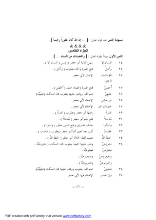 ‫ﻧـﻬﺎﻳﺔ ﺍﻟﺜﻤﻦ ﻋﻨﺪ ﻗﻮﻟﻪ ﺗﻌﺎﱃ : ] ... ﺇﻥ ﺍﷲ ﻛﺎﻥ ﻏﻔﻮﺭﺍﹰ ﺭﺣﻴﻤﺎﹰ [ .‬
‫&&&&‬
‫اﻟﺠﺰء اﻟﺨﺎﻣﺲ‬
‫ﺍﻟﺜﻤﻦ ﺍﻷﻭﻝ ﻭﻳﺒﺪﺃ ﺑﻘﻮﻟﻪ ﺗﻌﺎﱃ : ] ﻭﺍﶈﺼﻨﺎﺕ ﻣﻦ ﺍﻟﻨﺴﺎﺀ ... [ .‬
‫ﺳﻬﻞ ﺍﻟﺜﺎﻧﻴﺔ ﺃﺑﻮ ﺟﻌﻔﺮ ﻭﺭﻭﻳﺲ ) ﺍﻟﻨﺴﺎﺀ ﺍِﻻ ( .‬
‫ﺍﻟﻨﺴﺎﺀِ ﺇِﻻ‬
‫٤٢‬
‫ﻓﺘﺢ ﺍﳍﻤﺰﺓ ﻭﺍﳊﺎﺀ ﻳﻌﻘﻮﺏ ) ﻭﺃﹶﺣ‪‬ﻞ ( .‬
‫ﺃ ﻞ‬
‫ﻭﹸﺣِ ﱠ‬
‫٤٢‬
‫ﺍﻹﺑﺪﺍﻝ ﻷﰊ ﺟﻌﻔﺮ‬
‫ﺍﳌﺆﻣﻨﺎﺕ،‬
‫٥٢‬
‫ﺗﺄﻛﻠﻮﺍ‬
‫ﻓﺘﺢ ﺍﳍﻤﺰﺓ ﻭﺍﻟﺼﺎﺩ ﺧﻠﻒ ) ﺃﹶﺣ‪‬ﺼ‪‬ﻦ ( .‬
‫ﺃ ﻦ‬
‫ﹸﺣﺼِ ‪‬‬
‫٥٢‬
‫ﺿﻢ ﺍﳍﺎﺀ ﻭﻭﻗﻒ ﻋﻠﻴﻬﺎ ﻳﻌﻘﻮﺏ ‪‬ﺎﺀ ﺍﻟﺴﻜﺖ )ﻋﻠﻴ ‪‬ﻪ(‬
‫ﻬﻨ‬
‫ﻦ‬
‫ﻋﻠﻴﻬِ ‪‬‬
‫٥٢‬
‫ﺍﻹﺧﻔﺎﺀ ﻷﰊ ﺟﻌﻔﺮ .‬
‫ﳌﻦ ﺧﺸﻲ‬
‫٥٢‬
‫ﳏﺼﻨﺎﺕ ﻏﲑ ﺍﻹﺧﻔﺎﺀ ﻷﰊ ﺟﻌﻔﺮ .‬
‫٥٢‬
‫ﺭﻓﻌﻬﺎ ﺃﺑﻮ ﺟﻌﻔﺮ ﻭﻳﻌﻘﻮﺏ ) ﲡﺎﺭﹲ ( .‬
‫ﺓ‬
‫ﲡﺎﺭﺓﹰ‬
‫٩٢‬
‫ﻓﺘﺢ ﺍﳌﻴﻢ ﺃﺑﻮ ﺟﻌﻔﺮ ) ﻣ‪‬ﺪﺧﻼﹰ ( .‬
‫‪‬ﺪﺧﻼﹰ‬
‫ﻣ‬
‫١٣‬
‫ﺣﺬﻑ ﺍﳍﻤﺰﺗﲔ ﻭﻓﺘﺢ ﺍﻟﺴﲔ ﺧﻠﻒ ) ﻭﺳ‪‬ﻠﻮﺍ ( .‬
‫ﻭﺍﺳ‪‬ﺄﻟﻮﺍ‬
‫٢٣‬
‫ﺃﺛﺒﺖ ﺑﻌﺪ ﺍﻟﻌﲔ ﺃﻟﻔﺎﹰ ﺃﺑﻮ ﺟﻌﻔﺮ ﻭﻳﻌﻘﻮﺏ ) ﻋﺎﻗﺪﺕ ( .‬
‫ﻋ‪‬ﻘﹶﺪ‪‬ﺕ‪‬‬
‫٣٣‬
‫ﻧﺼﺐ ﻟﻔﻆ ﺍﳉﻼﻟﺔ ﺃﺑﻮ ﺟﻌﻔﺮ ) ﺣ‪‬ﻔِﻆﹶ ﺍﷲَ ( .‬
‫ﷲ‬
‫ﺣ‪‬ﻔِﻆﹶ ﺍ ُ‬
‫٤٣‬
‫ﻭﻗﻒ ﻋﻠﻴﻬﺎ ﲨﻴﻌﺎﹰ ﻳﻌﻘﻮﺏ ‪‬ﺎﺀ ﺍﻟﺴﻜﺖ ) ﻧﺸﻮﺯﻫ‪‬ﻪ‪، ‬‬
‫ﻨ‬
‫ﻦ‬
‫ﻧﺸﻮﺯﻫ ‪‬‬
‫٤٣‬
‫ﻓﻌﻈﻮﻫ‪‬ﻪ‪، ‬‬
‫ﻨ‬
‫ﻦ‬
‫ﻓﻌﻈﻮﻫ ‪‬‬
‫ﻭﺍﻫﺠﺮﻭﻫ ‪ ‬ﻭﺍﻫﺠﺮﻭﻫ‪‬ﻪ‪، ‬‬
‫ﻨ‬
‫ﻦ‬
‫ﻭﺍﺿﺮﺑﻮﻫ‪‬ﻪ‪. ( ‬‬
‫ﻨ‬
‫ﻦ‬
‫ﻭﺍﺿﺮﺑﻮﻫ ‪‬‬
‫ﺿﻢ ﺍﳍﺎﺀ ﻳﻌﻘﻮﺏ ﻭﻭﻗﻒ ﻋﻠﻴﻬﺎ ‪‬ﺎﺀ ﺍﻟﺴﻜﺖ )ﻋﻠﻴ ‪‬ﻪ‪.(‬‬
‫ﻬﻨ‬
‫ﻦ‬
‫ﻓﻌﻠﻴﻬ ‪‬‬
‫٤٣‬
‫ﺍﻹﺧﻔﺎﺀ ﻓﻴﻬﺎ ﻷﰊ ﺟﻌﻔﺮ .‬
‫ﻭﺇﻥ ﺧﻔﺘﻢ‬
‫٥٣‬
‫ـ ٦٤ ـ‬

‫‪PDF created with pdfFactory trial version www.pdffactory.com‬‬

 