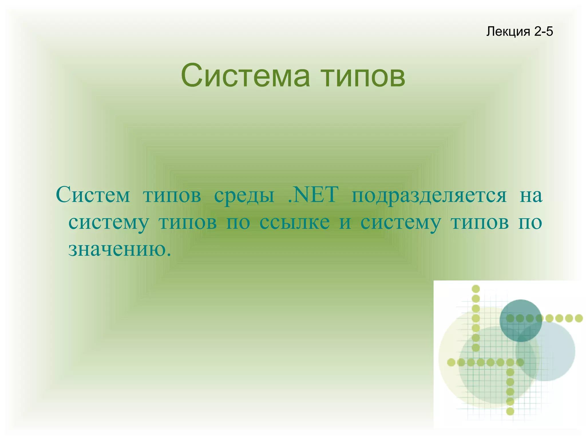 Лекция 2-5

Система типов

Систем типов среды .NET подразделяется на
систему типов по ссылке и систему типов по
значению.

 