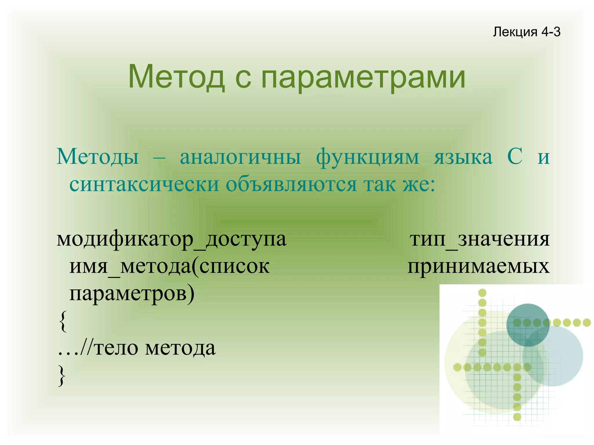 Лекция 4-3

Метод с параметрами
Методы – аналогичны функциям языка С и
синтаксически объявляются так же:
модификатор_доступа
имя_метода(список
параметров)
{
…//тело метода
}

тип_значения
принимаемых

 