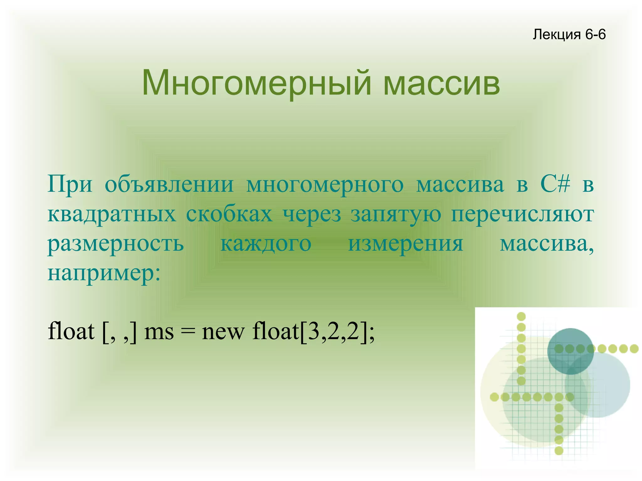 Лекция 6-6

Многомерный массив
При объявлении многомерного массива в С# в
квадратных скобках через запятую перечисляют
размерность каждого измерения массива,
например:
float [, ,] ms = new float[3,2,2];

 