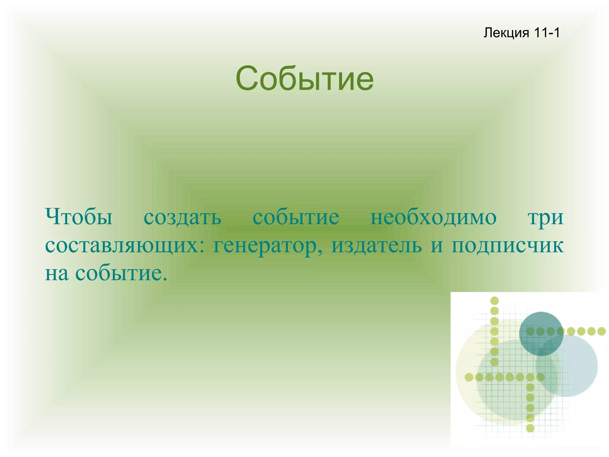 Лекция 11-1

Событие

Чтобы создать событие необходимо три
составляющих: генератор, издатель и подписчик
на событие.

 