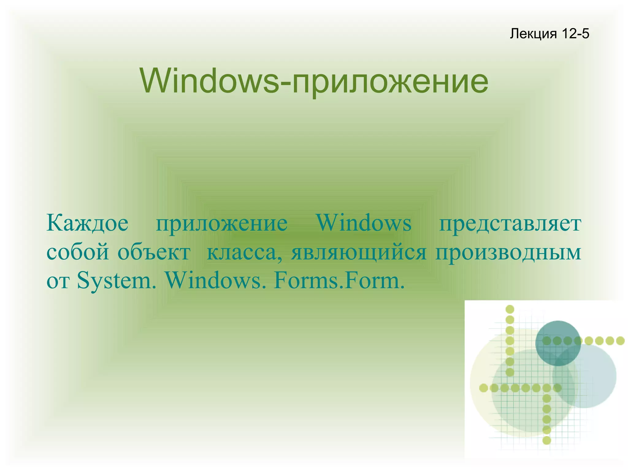 Лекция 12-5

Windows-приложение

Каждое приложение Windows представляет
собой объект класса, являющийся производным
от System. Windows. Forms.Form.

 