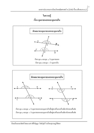 1

เอกสารประกอบการเรี ยนวิชาคณิตศาสตร์ ค 22102 เรื่ อง เส้นขนาน ม.2

ใบความรู้
เรื่อง มุมภายนอกและมุมภายใน
ลักษณะของมุมภายนอกและมุมภายใน

A

x

C

u

y
E

B

v
F

D

เรี ยก มุม x และมุม y ว่า มุมภายนอก
เรี ยก มุม u และมุม v ว่า มุมภายใน

ลักษณะของมุมภายนอกและมุมภายใน
A

C

x y

B

u v

A

D

B

u v

C

x

y

D

เรี ยก มุม x และมุม u ว่า มุมภายนอกและมุมภายในที่อยูตรงข้ามบนข้างเดียวกันของเส้นตัด
่
เรี ยก มุม y และมุม v ว่า มุมภายนอกและมุมภายในที่อยูตรงข้ามบนข้างเดียวกันของเส้นตัด
่

เรี ยบเรี ยงและจัดทาโดยนางสาวศิริกญญา กิตติวุฒิ โรงเรี ยนสุราษฎร์พิทยา
ั

 