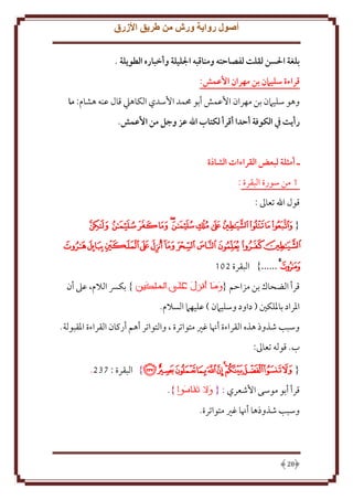 ‫أصول رواية ورش من طريق األزرق‬
‫بلغة احلسن لقلت لفصاحته ومناقبه الليلة وأخباره الطويلة .‬
‫قراءة سليامن بن مهران األعمش:‬
‫وهو سليَمن بن مهران اُعمش أبو ُممد اُسدي الكاهيل قال عنه هشام: ما‬
‫رأيت يف الكوفة أحدا أقرأ لكتاب اهلل عز وجل من األعمش.‬
‫ـ أمثلة لبعض القراءات الشاذة‬
‫1 من سورة البقرة :‬
‫قول اهلل تعاَل :‬
‫{ ﭑ ﭒﭓﭔﭕﭖﭗ ﭘﭙﭚﭛﭜ‬
‫ﭝﭞﭟﭠﭡﭢﭣﭤﭥﭦﭧ‬
‫ﭨ ﭩ ......} البقرة 201‬
‫} بكِس الَلم، عَل أن‬

‫قرأ الضحاك بن مزاَم {‬
‫اْلراد باْللكني ( داود وسليَمن ) عليهَم السَلم.‬

‫وسبب شذوذ هذه القراءة أهنا غْي متواترة ، والتواتر أهم أركان القراءة اْلقبولة.‬
‫ب. قوله تعاَل:‬
‫{ ﯺﯻﯼﯽ ﯾﯿﰀﰁﰂﰃﰄ} البقرة : 732.‬
‫قرأ أبو موسى اُشعري : {‬
‫وسبب شذوذها أهنا غْي متواترة.‬

‫82‬

‫}.‬

 