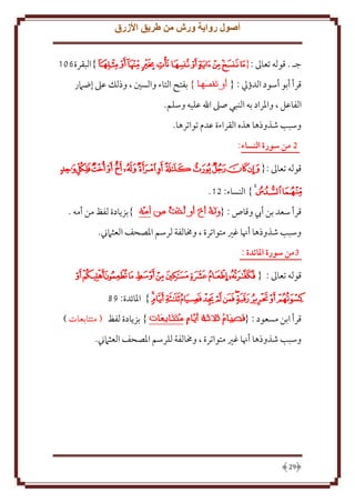 ‫أصول رواية ورش من طريق األزرق‬
‫جـ . قوله تعاَل :{ﭒﭓﭔﭕﭖﭗﭘﭙﭚﭛﭜ}البقرة601‬
‫قرأ أبو أسود الدؤيل : {‬

‫} بفتح التاء والسني ، وذلل عَل إضَمر‬

‫الفاعل ، واْلراد به النبي صَل اهلل عليه وسلم.‬
‫وسبب شذوذها هذه القراءة عدم تواترها.‬
‫5 من سورة النساء:‬
‫قوله تعاَل :{ ﮉﮊﮋﮌﮍﮎﮏﮐﮑﮒﮓﮔﮕ‬
‫ﮖﮗ ﮘ} النساء: 21.‬
‫قرأ سعد بن أب وقاص : {‬

‫}بز ادة لفظ من أمه .‬

‫وسبب شذوذها أهنا غْي متواترة ، وخمالفة لرسم اْلصحف العثَمِن.‬
‫3من سورة املائدة :‬
‫قوله تعاَل : { ﯟﯠﯡﯢﯣﯤﯥﯦﯧﯨ‬
‫ﯩﯪﯫﯬ ﯭﯮﯯﯰﯱﯲﯳ ﯴ } اْلائدة: 89‬
‫قرأ ابن مسعود : {‬

‫} بز ادة لفظ ( متتابعات )‬

‫وسبب شذوذها أهنا غْي متواترة ، وخمالفة للرسم اْلصحف العثَمِن.‬

‫92‬

 