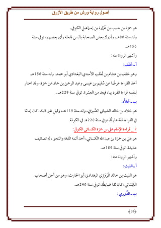 ‫أصول رواية ورش من طريق األزرق‬
‫هو محزة بن َبيب بن ع ََمرة بن إسَمعيل الكوِف.‬
‫ُ‬
‫ولد سنة 09هـ، وأدرك بعض الصحابة بالسن فلعله رأى بعضهم، توِف سنة‬
‫651هـ.‬
‫وأشهر الرواة عنه:‬
‫َ َ‬
‫أ ـ خلف:‬
‫وهو خلف بن هشام بن َثعلب اُسدي البغدادي أبو ُممد. ولد سنة 051هـ‬
‫ح‬
‫أخذ القراءة عرضا عن سليم بن عيسى وعبد الرمحن بن محاد عن محزة، وقد اختار‬
‫ً‬
‫ُ‬
‫لنفسه قراءة انفرد هبا، فيعد من العَشة. توِف سنة 822هـ .‬
‫ب ـ خالَّد:‬
‫َ‬
‫هو خَلد بن خالد الشيباِن الصْيِف، ولد سنة 811هـ، وقيل غْي ذلل. كان إماما‬
‫ً‬
‫َّ َ‬
‫ً‬
‫ِف القراءة ثقة عارفا، توِف سنة 022هـ ِف الكوفة.‬
‫7 _ قراءة اإلمام عيل بن محزة الكسائي الكويف:‬
‫هو عيل بن محزة بن عبد اهلل الكسائي، أَد أئمة اللغة والنحو ، له تصانيف‬
‫عد دة، توِف سنة 891هـ.‬
‫وأشهر الرواة عنه:‬
‫أ ـ الليث:‬
‫َح َ ِ‬
‫هو الليث بن خالد اْلروزي البغدادي أبو اْلارث، وهو من أجل أصحاب‬
‫ً‬
‫الكِسائي، كان ثقة ضابطا، توِف سنة 042هـ.‬
‫َ‬
‫ب ـ الدوري :‬

‫73‬

 