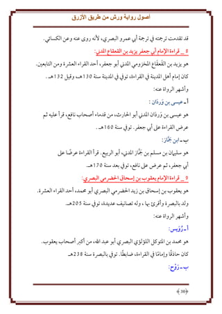 ‫أصول رواية ورش من طريق األزرق‬
‫قد تقدمت ترمجته ِف ترمجة أب عمرو البِّصي، ُنه روى عنه وعن الكسائي.‬
‫8 _ قراءة اإلمام أيب جعفر يزيد بن القعقاع املدين:‬
‫َ َ‬
‫هو ز د بن القعقاع اْلخزومي اْلدِن أبو جعفر، أَد القراء العَشة ومن التابعني.‬
‫كان إمام أهل اْلد نة ِف القراءة، توِف ِف اْلد نة سنة 031هـ، وقيل 231هـ .‬
‫وأشهر الرواة عنه:‬
‫أ ـ عيسى بن وردان :‬
‫َ َ‬
‫هو عيسى بن وردان اْلدِن أبو اْلارث، من قدماء أصحاب نافع، قرأ عليه ثم‬
‫َ َ‬
‫عرض القراءة عَل أب جعفر. توِف سنة 061هـ .‬
‫ب ـ ابن مجاز:‬
‫َ َّ‬
‫هو سليَمن بن مسلم بن مجاز اْلدِن، أبو الربيع. قرأ القراءة عرضا عَل‬
‫ً‬
‫َ َّ‬
‫أب جعفر، ثم عرض عَل نافع، توِف بعد سنة 071هـ.‬
‫9 _ قراءة اإلمام يعقوب بن إسَاق احلرضمي البرصي:‬
‫هو عقوب بن إسحاق بن ز د اْلرضمي البِّصي أبو ُممد، أَد القراء العَشة.‬
‫ولد بالبِّصة وأقرئ هبا ، وله تصانيف عد دة، توِف سنة 502هـ.‬
‫وأشهر الرواة عنه:‬
‫أ ـ رويس:‬
‫َُ‬
‫هو ُممد بن اْلتوكل اللؤلؤي البِّصي أبو عبد اهلل، من أكرب أصحاب عقوب.‬
‫ً‬
‫ً‬
‫كان َاذقا وإماما ِف القراءة، ضابطا. توِف بالبِّصة سنة 932هـ‬
‫ً‬
‫ب ـ روح:‬
‫َ‬

‫83‬

 