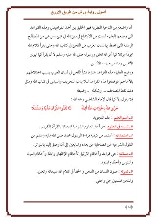 ‫أصول رواية ورش من طريق األزرق‬
‫أما واضعه من الناَية النظر ة فهو اْلليل بن أمحد الفراهيدي وهذه القواعد‬
‫التى وضعها العلَمء ليست من اَلبتداع ِف د ن اهلل ِف شئ ، بل هى من اْلصالح‬
‫اْلرسلة التى حيفظ هبا لسان العرب من اللحن ِف كتاب اهلل وَتى قرأ كَلم اهلل‬
‫جمودا مرتَل كَم أمر اهلل تعاَل ورسوله صَل اهلل عليه وسلم َل أن قرأ كَم ُتوى‬
‫اُنفس وما اعوجت به اُلسن.‬
‫ووضع العلَمء هذه القواعد عندما نشأ اللحن ِف لسان العرب بسبب اختَلطهم‬
‫باُعاجم فوضعوا هذه القواعد لئَل دب التحر ف والتبد ل ِف كتاب اهلل ومثل‬
‫ذلل نقط اْلصحف ... وشكله ...وضبطه‬
‫فَل نقول إَل كَم قال اِلمام الشاطبي رمحه اهلل :‬
‫َ ِ‬
‫لنَا َنقلوا القرآن عذبا وسلسال‬
‫جزَ ى اهللُ بِالريات عنَّا َأئِمة‬
‫َ‬
‫َ َُ ُ َ َ َ َ َ‬
‫َ َّ‬
‫َ‬
‫2 ـ اسم العلم : علم التجو د‬
‫6 ـ نسبته يف العلوم :هو أَد العلوم الَشعية اْلتعلقة بالقرآن الكر م .‬
‫7 ـ استمداده : أستمد من كيفية قراءة الرسول ُممد صَل اهلل عليه وسلم من‬
‫النقول الَشعية عن الصحابة من بعده والتابعني إَل أن وصل إلينا بالتواتر.‬
‫8 ـ مسائله : هي قواعد وأَكام الرتتيل كأَكام اِلظهار والغنة وأَكام النون‬
‫والتنو ن وأَكام اْلدود‬
‫9 ـ ثمرته : صون اللسان من اللحن و اْلطأ ِف كَلم اهلل سبحانه وتعاَل.‬
‫واللحن قسمني جيل وخفي‬

‫65‬

 