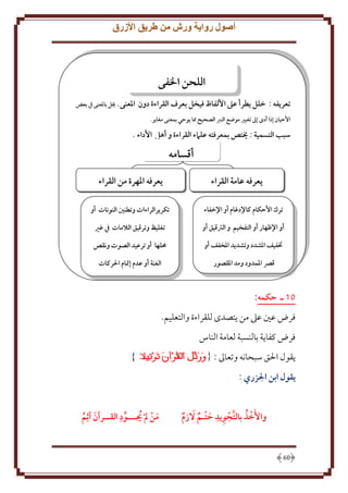 ‫أصول رواية ورش من طريق األزرق‬

‫اللَن الفي‬
‫تعريفه : خلل يطرأ عىل األلفا فيخل بعرف القراءة دون‬

‫املعنى. خيل باملعنى يف بعض‬

‫األحيان إذا أدى إَل تغيري موهع النرب الصَيح مما يوحي بمعنى مغاير.‬

‫سبب التسمية : خيتص بمعرفته علامء القراءة و أهل األداء .‬

‫أقسامه‬
‫يعرفه عامة القراء‬

‫يعرفه املهرة من القراء‬

‫ترك األحكام كاإلدغام أو اإلخفاء‬

‫تكريرالراءات وتطنني النونات أو‬

‫أو اإلظهار أو التفخيم و الرتقيق أو‬

‫تغليظ وترقيق الالمات يف غري‬

‫ختفيف املشدد وتشديد املخفف أو‬

‫حملها أو ترعيد الصوت ونقص‬

‫قرص املمدود ومد املقصور‬

‫الغنة أو عدم إمتام احلركات‬

‫11 ـ حكمه:‬
‫فرض عني عَل من تصدى للقراءة والتعليم.‬
‫فرض كفا ة بالنسبة لعامة الناس‬
‫قول اْلق سبحانه وتعاَل :‬

‫}‬

‫يقول ابن الزري :‬
‫ِ‬
‫ُ‬
‫واألَخذ بالتَّجويد حتـم َالزم‬
‫ِ َ‬

‫06‬

‫ِ‬
‫من  م جيـــود القــرآن آثِم‬
‫ُ‬
‫َ ُ‬
‫َ‬

 