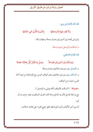 ‫أصول رواية ورش من طريق األزرق‬

‫فقد قال اإلمام ابن بري :‬
‫ِ‬
‫و َال َتقف فِيها إِذا وصلتها‬
‫َ َ ِ َ ََ‬
‫َ‬

‫ِ‬
‫َ‬
‫بِالسورة األُوَل التِي ختمتها‬
‫َ َ ََ‬
‫َ‬

‫ولورش أ ضا بني السورتني بدون بسملة وجهان وُها :‬
‫ــ السكت والوصل بدون بسملة‬
‫قال اإلمام الشاطبي:‬
‫ووصلك َبني السورتَني فصاحة‬
‫َ َ ُ َ َ‬
‫َ ِ َ َ َ‬

‫ٌّ َ َ ُ َ َ‬
‫َ ِ َ ُ‬
‫وصل واسكتَن كُل جال َياه حصال‬

‫ــ الوصل بني سورتني متتاليتني بدون بسملة‬
‫ــ السكت بني سورتني متتاليتني وهو الوقف اليسْي مع اْلواصلة من دون أخذ‬
‫نفس و دون زمن الوقف .‬
‫ملَوظة : ( السكت كالوقف لكنه ؤتى به للوصل ) .‬
‫مع مراعاة اْلد ِف اُوجه اْلذكورة إذا كان اْلرف اْلسكوت عليه َرف مد أو‬
‫لني.‬
‫أما بني آخر اُنفال وأول التوبة فقد اتفق مجيع القراء عَل ثَلث َاَلت :‬

‫57‬

 