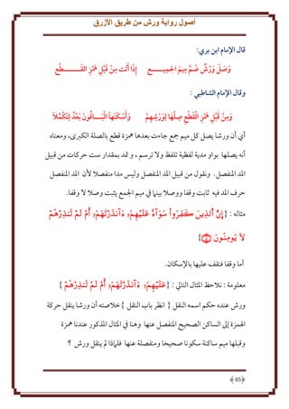 ‫أصول رواية ورش من طريق األزرق‬
‫قال اإلمام ابن بري:‬
‫ِ‬
‫ِ‬
‫وصل ورش هم ميم الميـــــع‬
‫َ َ َ َ‬
‫َ َّ َ‬

‫َ َ ِ َ ِ َ ِ َ‬
‫إِذا أ َتت من قبل مهز القـــــــطع‬

‫وقال اإلمام الشاطبي :‬
‫َ ِ َ ِ َ ِ َ ِ ِ َ َ ِ ِ‬
‫ومن قبل مهز القطع صلها لِورشهم‬

‫ُ َ‬
‫و َأسكنَها البـــاقون َبعدُ لِتَكمال‬
‫َ َ َ َ ُ َ‬

‫أي أن ورشا صل كل ميم مجع جاءت بعدها ُهزة قطع بالصلة الكربى، ومعناه‬
‫أنه صلها بواو مد ة لفظية تلفظ وَل ترسم ، و َتد بمقدار ست َركات من قبيل‬
‫اْلد اْلنفصل. ونقول من قبيل اْلد اْلنفصل وليس مدا منفصَل ُن اْلد اْلنفصل‬
‫َرف اْلد فيه ثابت وقفا ووصَل بينَم ِف ميم اجلمع ثبت وصَل َل وقفا.‬
‫مثاله : { ‪        ‬‬

‫‪}  ‬‬
‫أما وقفا فنقف عليها باِلسكان.‬
‫معلومة : نَلَظ اْلثال التايل : {‪}     ‬‬
‫ورش عنده َكم اسمه النقل { انظر باب النقل }خَلصته أن ورشا نقل َركة‬
‫اْلمزة إَل الساكن الصحيح اْلنفصل عنها وهنا ِف اْلثال اْلذكور عندنا ُهزة‬
‫وقبلها ميم ساكنة سكونا صحيحا ومنفصلة عنها فلَمذا مل نقل ورش ؟‬

‫58‬

 