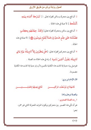 ‫أصول رواية ورش من طريق األزرق‬
‫2 أن تقع بني متحرك وساكن كقوله تعاَل : { ‪    ‬‬
‫‪‬‬

‫‪َ } ‬ل صلة ِف هذه اْلالة .‬
‫3 أن تقع بني ساكن ومتحرك كقوله تعاَل{ ‪  ‬‬

‫‪َ }        ‬ل صلة ِف هذه‬
‫اْلالة .‬
‫4 أن تقع بني متحركني كقوله تعاَل: { ‪     ‬‬

‫‪ }    ‬وله ِف هذه اْلالة مد الصلة .‬
‫فتوصل بياء مد ة إذا كانت هاء الكنا ة مكسورة أو واو مد ة إذا كانت هاء الكنا ة‬
‫مضمومة.‬
‫قال اإلمام ابن بري:‬
‫فالـهاء إِن َتوسطت حركتِيــــــن‬
‫َ َّ َ َ َ َ‬
‫َ َ ُ‬

‫َ‬
‫فنَافِع َيصلِها بِالصلِـــــــتِيـــــن‬
‫ِ َ‬
‫َ‬

‫والصلة نوعان ومها:‬
‫1_مد الصلة الصغرى :‬
‫هو أن تأيت هاء الضمْي بني متحركني و كون اْلرف اْلتحرك الثاِن غْي ُهز،‬
‫نحو:‬

‫19‬

 