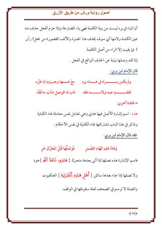 ‫أصول رواية ورش من طريق األزرق‬
‫أن الياء ِف ره ليست من بنية الكلمة فهي اء اْلضارعة وإذا جزم الفعل َذف منه‬
‫عني الكلمة وَلمها أي سوف حيذف هنا اْلمزة واُلف اْلقصورة من فعل( رأى‬
‫) فَم بقيت إَل الراء من أصل الكلمة.‬
‫إذا لقد وصلها نيابة عن اْلذف الواقع ِف الفعل .‬
‫قال اإلمام ابن بري:‬
‫و م يكـن يــــــــراه يف هــــاء يره‬

‫ِِ‬
‫مع هـمها وجــزمه إذ غريه‬
‫َّ‬

‫ِ‬
‫لفقــــــــد عينه والمـــــــه فقد‬

‫َ َ ََ‬
‫ناب له الوصل منَاب ما فقدَ‬

‫ــ فائدة أخرى:‬
‫هذه : اسم إشارة اُصل فيها هذي وهي تعامل نفس معاملة هاء الكنا ة‬
‫وتذكر ِف هذا الباب ْلشاركتها ْلاء الكنا ة ِف نفس اَُكام .‬
‫فقد قال اإلمام ابن بري:‬
‫ِِ ََ ِ‬
‫َِ‬
‫وهاء هذه كهاء املضمر‬
‫َ َ ُ َ‬

‫َ َ ُ َ َ َ َ َّ ِ َ ِ‬
‫فوصلها قبل املَرك حر‬

‫فاسم اِلشارة هذه نصلها إذا أتى بعدها متحرك { ‪}   ‬هود‬
‫وَل نصلها إذا جاء بعدها ساكن { ‪ }    ‬العنكبوت‬
‫والصلة َل ترسم ِف اْلصحف لعلة سقوطها ِف الوقف.‬

‫49‬

 