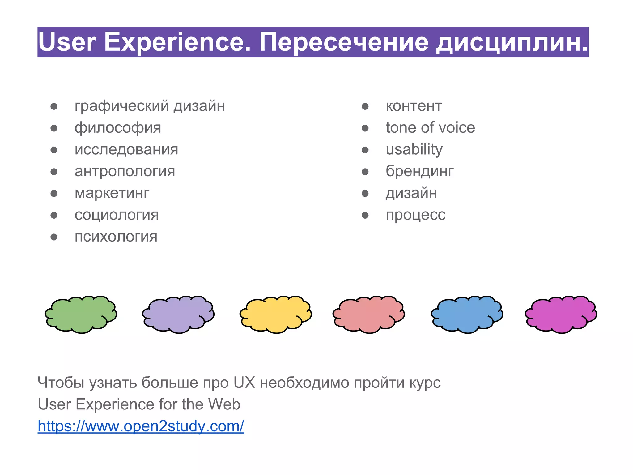 User Experience. Пересечение дисциплин.
●
●
●
●
●
●
●

графический дизайн
философия
исследования
антропология
маркетинг
социология
психология

●
●
●
●
●
●

контент
tone of voice
usability
брендинг
дизайн
процесс

Чтобы узнать больше про UX необходимо пройти курс
User Experience for the Web
https://www.open2study.com/

 
