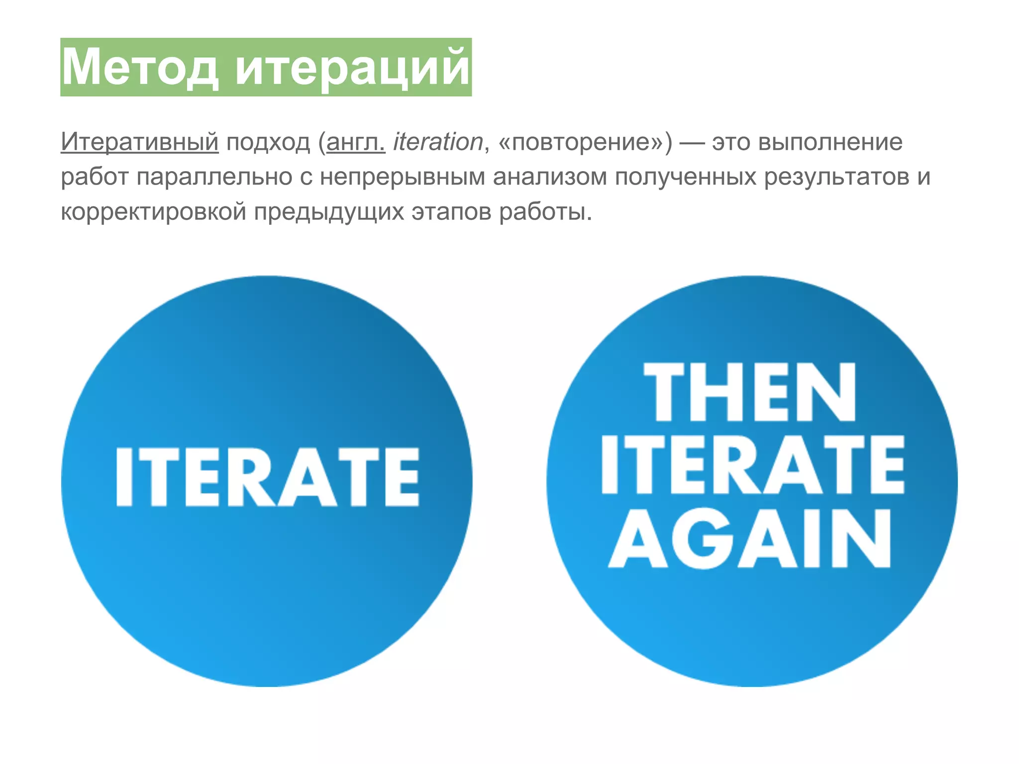 Метод итераций
Итеративный подход (англ. iteration, «повторение») — это выполнение
работ параллельно с непрерывным анализом полученных результатов и
корректировкой предыдущих этапов работы.

 