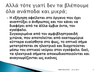 

Η εξήγηςη ουείλεσαι ςσο όπγανο ποτ έφει
αναπσύξει ο άνθπψπορ και σον κάνει να
διαυέπει από σα άλλα έμβια όνσα, σον
εγκέυαλο.
΢τγκεκπιμένα από σον αμυιβληςσποειδή
φισώνα, ποτ αποσελείσαι από εκασομμύπια
κύσσαπα εταίςθησα ςσο υψρ, σο οπσικό ςήμα
μεσασπέπεσαι ςε ηλεκσπικό και διοφεσεύεσαι
μέςψ σοτ οπσικού νεύποτ ςσον εγκέυαλο. Εκεί,
σα ηλεκσπικά ςήμασα αποκψδικοποιούνσαι και
αναγνψπίζονσαι ψρ εικόνερ

ΕΜΡΕ ΡΙΖΑ ΟΓΛΟΤ

23/2/2014

7

 