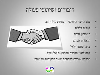 ‫חיבורים ושיתופי פעולה‬
‫•‬

‫כנס הדיבר החמישי - בחודש גיל הזהב‬

‫•‬

‫קופ"ח כללית‬

‫•‬

‫תיאטרון חיפה‬

‫•‬

‫תיאטרון תמונע‬

‫•‬

‫מרכז סוזאן דלאל‬

‫•‬

‫קפה לואיז בסדרת ההרצאות של נשים‬

‫•‬

‫מכללת אורנים להרחבת מעגל הלקוחות של זוהר‬

 