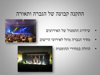 ‫התקנה קבועה של הגברה ותאורה‬
‫•‬

‫שידרוג התפעול של האירועים‬

‫•‬

‫מחיר הגברה מוזל לאירועי היישוב‬

‫•‬

‫הוזלה במחירי ההופעות‬

 