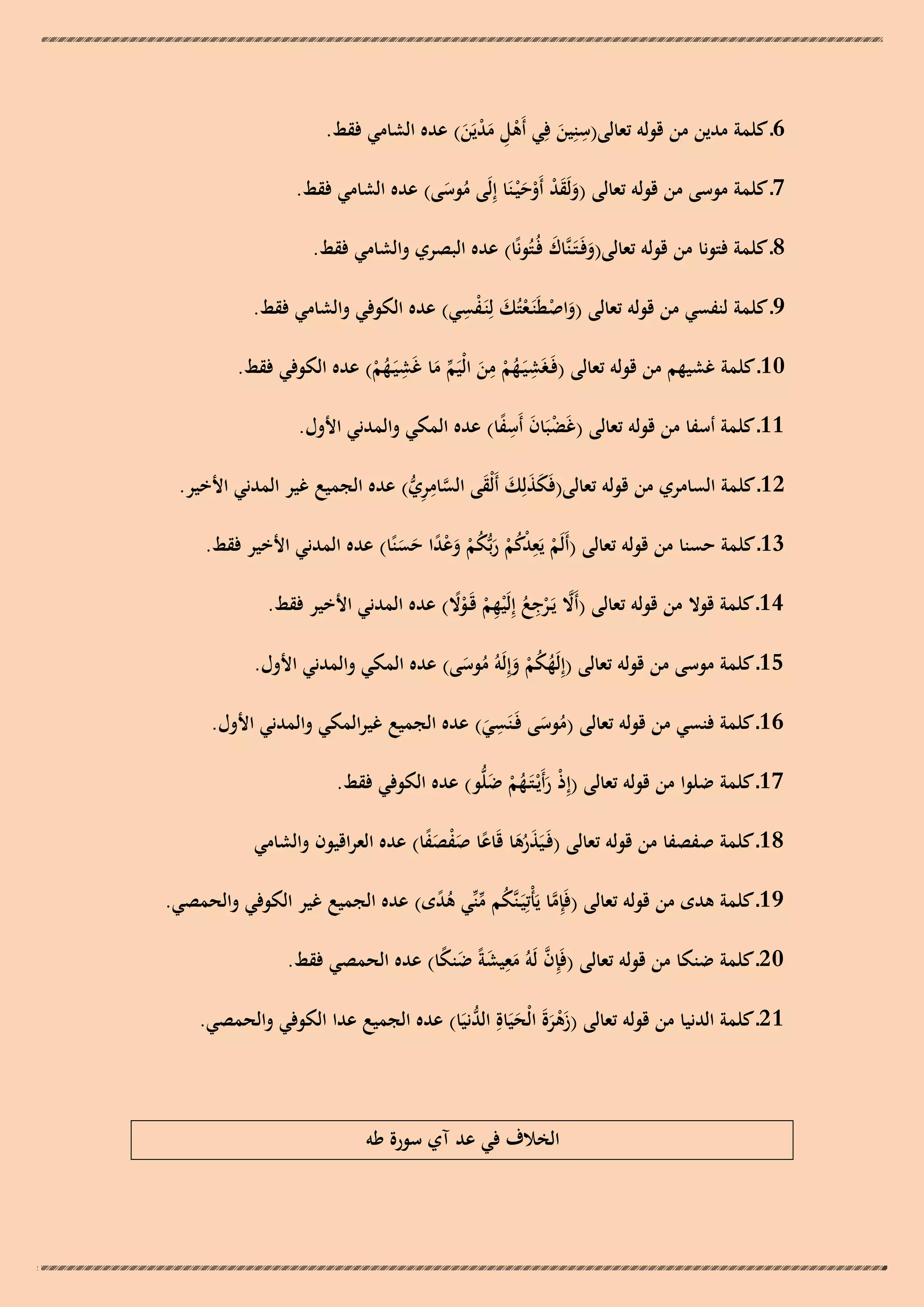 ‫ِ‬
‫6ـ كلمة مدين من قولو تعالى(سنِين فِي أَىل مديَن) عده الشامي فقط.‬
‫ْ ِ َْ َ‬
‫َ‬
‫7ـ كلمة موسى من قولو تعالى (ولَقد أَوح ْيـنَا إِلَى موسى) عده الشامي فقط.‬
‫ُ َ‬
‫َ َْ ْ َ‬
‫8ـ كلمة فتونا من قولو تعالى(وفَـتَـنَّاك فُـتُونًا) عده البصري والشامي فقط.‬
‫َ َ‬
‫َ ِْ‬
‫9ـ كلمة لنفسي من قولو تعالى (واصطَنَـعتُك لِنَـفسي) عده الكوفي والشامي فقط.‬
‫َ ْ ْ‬
‫ِ ِ‬
‫ِ‬
‫01ـ كلمة غشيهم من قولو تعالى (فَـغَشيَـهم من الْيَم ما غَشيَـهم) عده الكوفي فقط.‬
‫ُ ْ َ ّْ َ‬
‫ُْ‬
‫11ـ كلمة أسفا من قولو تعالى (غَضبَان أَسفا) عده المكي والمدني األول.‬
‫ْ َ ًِ‬
‫21ـ كلمة السامري من قولو تعالى(فَكذلِك أَلْقى السامري) عده الجميع غير المدني األخير.‬
‫َ َ َ َ َّ ِ ِ ُّ‬
‫ِ‬
‫31ـ كلمة حسنا من قولو تعالى (أَلَم يَعدكم ربُّكم وعدا حسنًا) عده المدني األخير فقط.‬
‫ْ ُْ ْ َ ُ ْ َ ًْ َ َ‬
‫41ـ كلمة قوال من قولو تعالى (أَال يَـرجع إِلَْيهم قَـوال) عده المدني األخير فقط.‬
‫َّ ْ ِ ُ ِ ْ ْ ً‬
‫51ـ كلمة موسى من قولو تعالى (إِلَهكم وإِلَوُ موسى) عده المكي والمدني األول.‬
‫ُُْ َ ُ َ‬
‫ِ‬
‫61ـ كلمة فنسي من قولو تعالى (موسى فَـنَسي) عده الجميع غيرالمكي والمدني األول.‬
‫ُ َ‬
‫َ‬
‫71ـ كلمة ضلوا من قولو تعالى (إِذ رأَيْـتَـهم ضلُّو) عده الكوفي فقط.‬
‫ْ َ ُْ َ‬
‫81ـ كلمة صفصفا من قولو تعالى (فَـيَذرىا قَاعا صفصفا) عده العراقيون والشامي‬
‫َ َُ ً َ ْ َ ً‬
‫91ـ كلمة ىدى من قولو تعالى (فَِإما يَأْتِيَـنَّكم منّْي ىدى) عده الجميع غير الكوفي والحمصي.‬
‫َّ‬
‫ُ ّْ ُ ً‬
‫02ـ كلمة ضنكا من قولو تعالى (فَِإن لَوُ معيشةً ضنكا) عده الحمصي فقط.‬
‫َّ َ ِ َ َ ً‬
‫12ـ كلمة الدنيا من قولو تعالى (زىرةَ الْحيَاةِ ُّنيَا) عده الجميع عدا الكوفي والحمصي.‬
‫َ ْ َ َ الد‬

‫الخالف في عد آي سورة طو‬

 