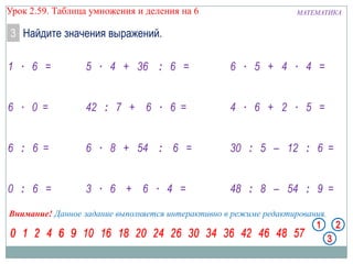 Урок 2.59. Таблица умножения и деления на 6

МАТЕМАТИКА

3 Найдите значения выражений.

1 ∙ 6 =

5 ∙ 4 + 36 : 6 =

6 ∙ 5 + 4 ∙ 4 =

6 ∙ 0 =

42 : 7 + 6 ∙ 6 =

4 ∙ 6 + 2 ∙ 5 =

6 : 6 =

6 ∙ 8 + 54 : 6 =

30 : 5 – 12 : 6 =

0 : 6 =

3 ∙ 6 + 6 ∙ 4 =

48 : 8 – 54 : 9 =

Внимание! Данное задание выполняется интерактивно в режиме редактирования.

 