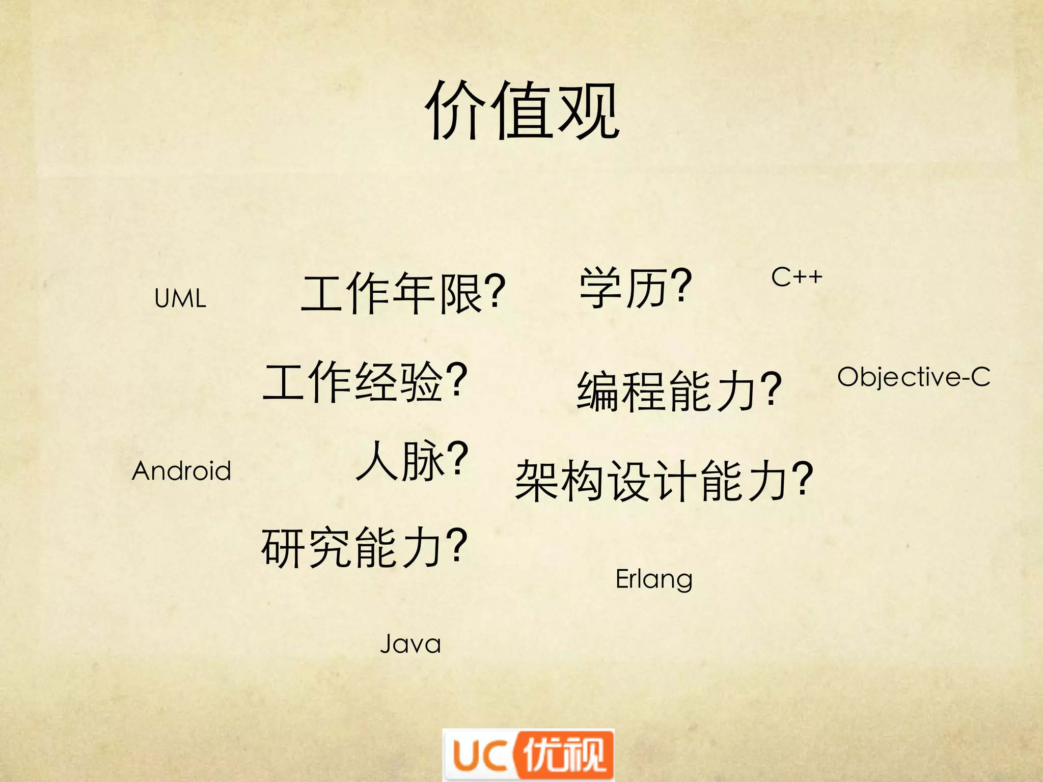 价值观	

UML	


工作年限?	

工作经验?	


Android	


学历?	


C++	


编程能力?	


Objective-C	


人脉?	
 架构设计能力?	

研究能力?	

Erlang	


Java	


 