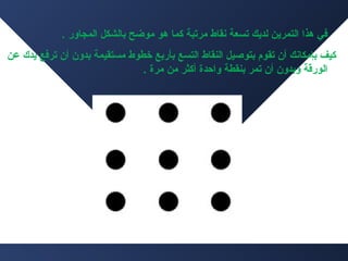 ‫في هذا التمرين لديك تسعة نقاط مرتبة كما هو موضح دبالشكل المجاور .‬
‫كيف دبإمكانك أن تقوم دبتوصيل النقاط التسع دبأردبع خطوط مستقيمة دبدون أن ترفع يدك عن‬
‫الورةقة ودبدون أن تمر دبنقطة واحدة أكثر من مرة .‬

 