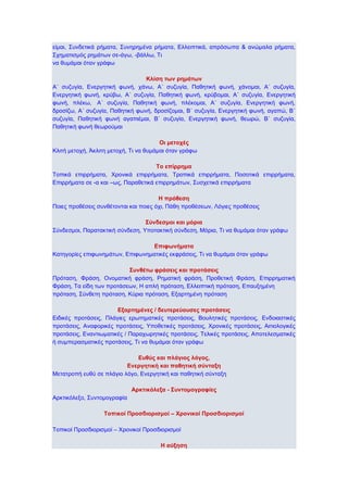 είκαη, ΢πλδεηηθά ξήκαηα, ΢πλεξεκέλα ξήκαηα, Διιεηπηηθά, απξόζσπα & αλώκαια ξήκαηα,
΢ρεκαηηζκόο ξεκάησλ ζε-άγσ, -βάιισ, Ση
λα ζπκάκαη όηαλ γξάθσ
Κλίζη ηων πημάηων
Α΄ ζπδπγία, Δλεξγεηηθή θσλή, ράλσ, Α΄ ζπδπγία, Παζεηηθή θσλή, ράλνκαη, Α΄ ζπδπγία,
Δλεξγεηηθή θσλή, θξύβσ, Α΄ ζπδπγία, Παζεηηθή θσλή, θξύβνκαη, Α΄ ζπδπγία, Δλεξγεηηθή
θσλή, πιέθσ, Α΄ ζπδπγία, Παζεηηθή θσλή, πιέθνκαη, Α΄ ζπδπγία, Δλεξγεηηθή θσλή,
δξνζίδσ, Α΄ ζπδπγία, Παζεηηθή θσλή, δξνζίδνκαη, Β΄ ζπδπγία, Δλεξγεηηθή θσλή, αγαπώ, Β΄
ζπδπγία, Παζεηηθή θσλή αγαπηέκαη, Β΄ ζπδπγία, Δλεξγεηηθή θσλή, ζεσξώ, Β΄ ζπδπγία,
Παζεηηθή θσλή ζεσξνύκαη
Οι μεηοσέρ
Κιηηή κεηνρή, Άθιηηε κεηνρή, Ση λα ζπκάκαη όηαλ γξάθσ
Το επίππημα
Σνπηθά επηξξήκαηα, Υξνληθά επηξξήκαηα, Σξνπηθά επηξξήκαηα, Πνζνηηθά επηξξήκαηα,
Δπηξξήκαηα ζε -α θαη –σο, Παξαζεηηθά επηξξεκάησλ, ΢πζρεηηθά επηξξήκαηα
Η ππόθεζη
Πνηεο πξνζέζεηο ζπλζέηνληαη θαη πνηεο όρη, Πάζε πξνζέζεσλ, Λόγηεο πξνζέζεηο
Σύνδεζμοι και μόπια
΢ύλδεζκνη, Παξαηαθηηθή ζύλδεζε, Τπνηαθηηθή ζύλδεζε, Μόξηα, Ση λα ζπκάκαη όηαλ γξάθσ
Επιθωνήμαηα
Καηεγνξίεο επηθσλεκάησλ, Δπηθσλεκαηηθέο εθθξάζεηο, Ση λα ζπκάκαη όηαλ γξάθσ
Σςνθέηω θπάζειρ και πποηάζειρ
Πξόηαζε, Φξάζε, Ολνκαηηθή θξάζε, Ρεκαηηθή θξάζε, Πξνζεηηθή Φξάζε, Δπηξξεκαηηθή
Φξάζε, Σα είδε ησλ πξνηάζεσλ, Ζ απιή πξόηαζε, Διιεηπηηθή πξόηαζε, Δπαπμεκέλε
πξόηαζε, ΢ύλζεηε πξόηαζε, Κύξηα πξόηαζε, Δμαξηεκέλε πξόηαζε
Εξαπηημένερ / δεςηεπεύοςζερ πποηάζειρ
Δηδηθέο πξνηάζεηο, Πιάγηεο εξσηεκαηηθέο πξνηάζεηο, Βνπιεηηθέο πξνηάζεηο, Δλδνηαζηηθέο
πξνηάζεηο, Αλαθνξηθέο πξνηάζεηο, Τπνζεηηθέο πξνηάζεηο, Υξνληθέο πξνηάζεηο, Αηηηνινγηθέο
πξνηάζεηο, Δλαληησκαηηθέο / Παξαρσξεηηθέο πξνηάζεηο, Σειηθέο πξνηάζεηο, Απνηειεζκαηηθέο
ή ζπκπεξαζκαηηθέο πξνηάζεηο, Ση λα ζπκάκαη όηαλ γξάθσ
Εςθύρ και πλάγιορ λόγορ,
Ενεπγηηική και παθηηική ζύνηαξη
Μεηαηξνπή επζύ ζε πιάγην ιόγν, Δλεξγεηηθή θαη παζεηηθή ζύληαμε
Απκηικόλεξα - Σςνηομογπαθίερ
Αξθηηθόιεμν, ΢πληνκνγξαθία
Τοπικοί Πποζδιοπιζμοί – Χπονικοί Πποζδιοπιζμοί
Σνπηθνί Πξνζδηνξηζκνί – Υξνληθνί Πξνζδηνξηζκνί
Η αύξηζη

 