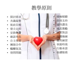 教學原則
•
•
•
•
•
•
•
•
•
•

探討需求
共識凝聚
彼此信賴
建立公約
安排內容
確認角色
自主學習
團隊合作
醞釀氣氛
發問問題

•
•
•
•
•
•
•
•
•
•

積極傾聽
即刻支持
適時讚美
適度激勵
誠實對話
反覆操練
應用練習
掌握時效
行動承諾
後續服務

 