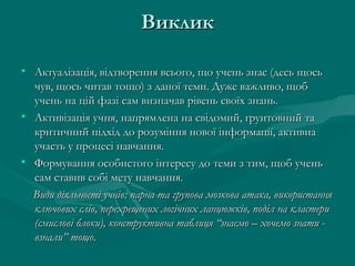 Виклик
• Актуалізація, відтворення всього, що учень знає (десь щось
чув, щось читав тощо) з даної теми. Дуже важливо, щоб
учень на цій фазі сам визначав рівень своїх знань.
• Активізація учня, напрямлена на свідомий, ґрунтовний та
критичний підхід до розуміння нової інформації, активна
участь у процесі навчання.
• Формування особистого інтересу до теми з тим, щоб учень
сам ставив собі мету навчання.
Види діяльності учнів: парна та групова мозкова атака, використання
ключових слів, перехрещених логічних ланцюжків, поділ на кластери
(смислові блоки), конструктивна таблиця “знаємо – хочемо знати взнали” тощо.

 

 