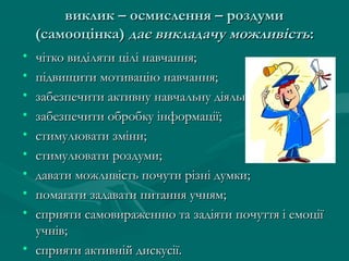 виклик – осмислення – роздуми
(самооцінка) дає викладачу можливість:
•
•
•
•
•
•
•
•
•

чітко виділяти цілі навчання;
підвищити мотивацію навчання;
забезпечити активну навчальну діяльність;
забезпечити обробку інформації;
стимулювати зміни;
стимулювати роздуми;
давати можливість почути різні думки;
помагати задавати питання учням;
сприяти самовираженню та задіяти почуття і емоції
учнів;
• сприяти активній дискусії.

 