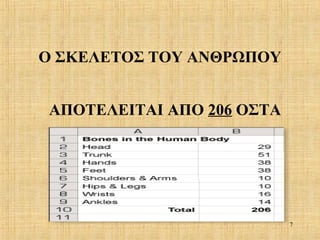 Ο ΣΚΕΛΕΤΟΣ ΤΟΥ ΑΝΘΡΩΠΟΥ
ΑΠΟΤΕΛΕΙΤΑΙ ΑΠΟ 206 ΟΣΤΑ

7

 