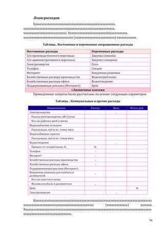 .План расходов
Ххххххххххххххххххххххххххххххххххххххххххххххххххх,
ххххххххххххххххххххххххххххххххххххххххххххххххххххххххх,
ххххххххххххххххххххххххххх. Ххххххххххххххххххххххххххххххххххххх,
ххххххххххххххххххххххххххххххх (ххххххххххххххххххххххххх) хххххххххххх.
Таблица.. Постоянные и переменные операционные расходы
Постоянные расходы
Переменные расходы
З/п производственного персонала
Закупка свинины
З/п административного персонала
Закупка говядины
Электроэнергия
Соль
Телефон
Специи
Интернет
Вакуумная упаковка
Хозяйственные расходы производства
Водопотребление
Хозяйственные расходы офиса
Водоотведение
Поддерживающая реклама (Интернет)
Брак
+Лизинговые платежи

Приведенные затраты были рассчитаны на основе следующих параметров:
Таблица .. Коммунальные и прочие расходы
Наименование

Расход

Электроэнергия

Цена

Итого, руб.

,

Расход электроэнергии, кВт/сутки
Кол-во рабочих дней в месяц
Водоснабжение холодное

,

Расход воды, куб.м на тонну мяса
Водоснабжение горячее
Расход воды, куб.м на тонну мяса
Водоотведение
Процент от потребления, %

,
%

Телефон

-

Интернет

-

Хозяйственные расходы производства

-

Хозяйственные расходы офиса

-

Поддерживающая реклама (Интернет)
Вакуумная упаковка для колбасы и
деликатесов
Кол-во пакетов в пачке

-

Фасовка колбасы и деликатесов

,

Брак
Электроэнергия

%
,

Хххххххххххххххххххххххххххххххххххххххххххххххххххххххххххххххххххххххххх
хххххххххххххххххххххххххххххххххххххххххххх
(ххххххххххххх)
ххххххх.
Хххххххххххххххххххххххххххххххххххххххххххххххххххххххххххххххххххххххххххххххх
хххххххххххххххххххххххххххххх.
76

 
