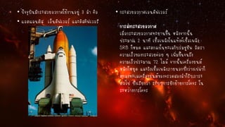 • ปัจจุบันมีกระสวยอวกาศใช้งานอยู่ 3 ลา คือ
• แอตแลนติส เอ็นดีฟเวอร์ และดิสคัฟเวอรี

• กระสวยอวกาศเอนดีฟเวอร์

การส่งกระสวยอวกาศ
เมื่อกระสวยอวกาศทะยานขึ้น หลังจากนั้น
ประมาณ 2 นาที เชื้อเพลิงในแท้งค์เชื้อเพลิง
SRB ก็หมด และตกลงในทะเลกับร่มชูชีพ อัตรา
ความเร็วของกระสวยค่อย ๆ เพิ่มขึ้นจนถึง
ความเร็วประมาณ 72 ไมล์ จากนั้นเครื่องยนต์
หลักก็หยุด และถังเชื้อเพลิงภายนอกซึ่งว่างเปล่าก็
ตกลงทะเลเครื่องยนต์ของจรวดสองลาก็รับภาระ
ต่อไป ซึ่งเรียกว่า ระบบการยักย้ายการโคจร ใน
ระหว่างการโคจร

 