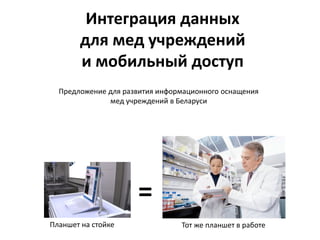 Интеграция данных
для мед учреждений
и мобильный доступ
Предложение для развития информационного оснащения
мед учреждений в Беларуси

=
Планшет на стойке

Тот же планшет в работе

 