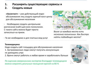 1.
2.

Расширить существующие сервисы и
Создать новые

«Ассистант» – уже действующий отдел
обслуживания лиц создать единый колл-центр
для обслуживания населения
- Необходимо создать центральное
расписание (сайт) для всех поликлиник.
С такого сайта можно будет просто
записаться на прием.

- То же необходимо и для платных мед услуг

Место проживания

Место работы

.

.

Возле из каждого места есть
несколько поликлиник. Как быстро
найти подходящее место?

Телемедицина
Надо создать сайт площадку для обслуживания населения
1. Застрахованные люди смогут получить консультации
не дожидаясь утра
2. Врачи смогут работать в любое время и зарабатывать больше
По оценкам американских экспертов благодаря телемедицине
можно сократить реальные посещения врачей на 80 %

 