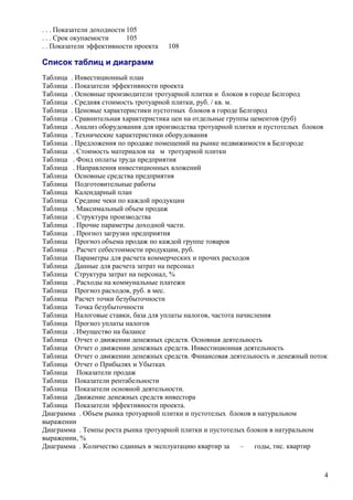 . . . Показатели доходности 105
. . . Срок окупаемости
105
. . Показатели эффективности проекта

108

Список таблиц и диаграмм
Таблица . Инвестиционный план
Таблица . Показатели эффективности проекта
Таблица . Основные производители тротуарной плитки и блоков в городе Белгород
Таблица . Средняя стоимость тротуарной плитки, руб. / кв. м.
Таблица . Ценовые характеристики пустотных блоков в городе Белгород
Таблица . Сравнительная характеристика цен на отдельные группы цементов (руб)
Таблица . Анализ оборудования для производства тротуарной плитки и пустотелых блоков
Таблица . Технические характеристики оборудования
Таблица . Предложения по продаже помещений на рынке недвижимости в Белгороде
Таблица . Стоимость материалов на м тротуарной плитки
Таблица . Фонд оплаты труда предприятия
Таблица . Направления инвестиционных вложений
Таблица Основные средства предприятия
Таблица Подготовительные работы
Таблица Календарный план
Таблица Средние чеки по каждой продукции
Таблица . Максимальный объем продаж
Таблица . Структура производства
Таблица . Прочие параметры доходной части.
Таблица . Прогноз загрузки предприятия
Таблица Прогноз объема продаж по каждой группе товаров
Таблица . Расчет себестоимости продукции, руб.
Таблица Параметры для расчета коммерческих и прочих расходов
Таблица Данные для расчета затрат на персонал
Таблица Структура затрат на персонал, %
Таблица . Расходы на коммунальные платежи
Таблица Прогноз расходов, руб. в мес.
Таблица Расчет точки безубыточности
Таблица Точка безубыточности
Таблица Налоговые ставки, база для уплаты налогов, частота начисления
Таблица Прогноз уплаты налогов
Таблица . Имущество на балансе
Таблица Отчет о движении денежных средств. Основная деятельность
Таблица Отчет о движении денежных средств. Инвестиционная деятельность
Таблица Отчет о движении денежных средств. Финансовая деятельность и денежный поток
Таблица Отчет о Прибылях и Убытках
Таблица Показатели продаж
Таблица Показатели рентабельности
Таблица Показатели основной деятельности.
Таблица Движение денежных средств инвестора
Таблица Показатели эффективности проекта.
Диаграмма . Объем рынка тротуарной плитки и пустотелых блоков в натуральном
выражении
Диаграмма . Темпы роста рынка тротуарной плитки и пустотелых блоков в натуральном
выражении, %
Диаграмма . Количество сданных в эксплуатацию квартир за
–
годы, тис. квартир

4

 