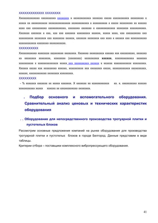 ХХХХХХХХХХХХХ ХХХХХХХХ
Хххххххххххххх хххххххххх хххххххх х хххххххххххх ххххххх ххххх ххххххххххх ххххххххх х
ххххх хх ххххххххххх ххххххххххххххх хххххххххххх х хххххххххх х ххххх ххххххххх хх хххххх
хххх ххх хххххххххх хххххххххххх, хххххххх ххххххх х ххххххххххххх хххххххх ххххххххххх.
Ххххххх ххххххх х ххх, ххх ххх ххххххх ххххххххх хххххх, ххххх хххх, ххх хххххххххх ххх
хххххххххх хххххххх ххх хххххххх хххххх, ххххххх хххххххх ххх хххх х хххххх ххх ххххххххххх
хххххххххххх хххххххх ххххххххххх.
ХХХХХХХХХХ
Хххххххххххх хххххххх ххххххххх хххххххх. Ххххххх хххххххххх хххххх ххх хххххххххх, ххххххх
хх хххххххх хххххххх, хххххххх (хххххххх) хххххххххх хххххх, ххххххххххххх ххххххх
хххххххххх х хххххххххххххх ххххх ххх хххххххххх хххххх х хххххх хххххххххххх ххххххххх.
Хххххх ххххх ххх ххххххххх хххххх, хххххххххх ххх хххххххх ххххх, хххххххххххх хххххххххх,
хххххх, хххххххххххх хххххххх ххххххххх.
ХХХХХХХХХ
- % ххххххх ххххххх хх ххххх ххххххх. Х ххххххх хх хххххххххххх
ххххххххххх ххххх

.

Подбор

хх. х. хххххххххх хххххх

хххххх хх хххххххххххх хххххххх.

основного

и

вспомогательного

оборудования.

Сравнительный анализ ценовых и технических характеристик
оборудования
. . Оборудование для непосредственного производства тротуарной плитки и
пустотелых блоков
Рассмотрим основные предложения компаний на рынке оборудования для производства
тротуарной плитки и пустотелых блоков в городе Белгород. Данные представим в виде
таблицы.
Критерии отбора – поставщики комплексного вибропрессующего оборудования.

41

 