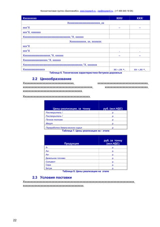 Консалтинговая группа «БизпланиКо», www.bizplan5.ru , vip@bizplan5.ru , (+7 495 645 18 95)

Ххххххххх

ХХХ/

ХХХ/

–

–

ххх°Х

,

,

Хххххххххххххххххххх,°Х, хххххх

–

–

хх –,хх +,

хх –,хх +,

Хххххххххххххххххххххххх,,хх
ххх°Х
ххх°Х, ххххххх
Ххххххххххххххххххххххххххххххххххх,°Х, хххххх
Хххххххххххх, хх, ххххххх:
ххх°Х

Хххххххххххххххххх,°Х, хххххх
Хххххххххххххххххххххххххххххххххххххххххххх,°Х, ххххххх
Хххххххххххххххх

Таблица 6. Технические характеристики битумов дорожных

2.2 Ценообразование
Хххххххххххххххххххххххххххххххххх,
ххххххххххххххххххххххххххххххххххххххххххххххх,
хххххххххххххххххххххххххххххххххххххххх.

хххххххххххххххххххххххххххххххххх,
ххххххххххххххххххххххххххххх,

Ххххххххххххххххххххххххххххххххххххххххххххх.

Цены реализации, за тонну

руб. (вкл.НДС)

Растворитель /

р.

Растворитель /

р.

Печное топливо

р.

Мазут

р.

Переработка давальческого сырья

р.

Таблица 7. Цены реализации на - этапе

Продукция

руб. за тонну
(вкл.НДС)

А-

р.

Аи-

р.

Аи-

р.

Дизельное топливо

р.

Сольвент
Сера

р.
р.

Битум

р.

Таблица 8. Цены реализации на этапе

2.3 Условия поставки
Ххххххххххххххххххххххххххххххххххххххххххххххххххххххххххххххххххххххххххх,
ххххххххххххххххххххххххххххххххххххххххх.

22

 