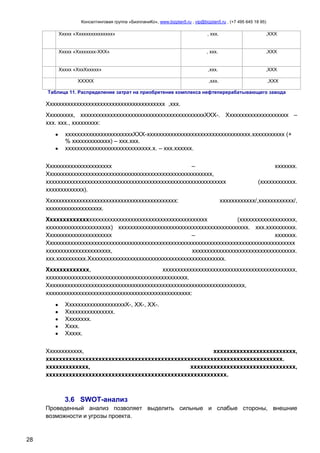 Консалтинговая группа «БизпланиКо», www.bizplan5.ru , vip@bizplan5.ru , (+7 495 645 18 95)

Ххххх «Ххххххххххххххх»

, ххх.

,ХХХ

Ххххх «Хххххххх-ХХХ»

, ххх.

,ХХХ

Ххххх «ХххХххххх»

,ххх.

,ХХХ

,ххх.

,ХХХ

ХХХХХ

Таблица 11. Распределение затрат на приобретение комплекса нефтеперерабатывающего завода

Хххххххххххххххххххххххххххххххххххххххх ,ххх.
Ххххххххх, ххххххххххххххххххххххххххххххххххххххххххХХХ-. Ххххххххххххххххххххх –
ххх. ххх., ххххххххх:
хххххххххххххххххххххххХХХ-ххххххххххххххххххххххххххххххххххх.ххххххххххх (+
% ххххххххххххх) – ххх.ххх.
ххххххххххххххххххххххххххххх.х. – ххх.хххххх.
Хххххххххххххххххххххх
–
Хххххххххххххххххххххххххххххххххххххххххххххххххххххххх,
ххххххххххххххххххххххххххххххххххххххххххххххххххххххххххххх
ххххххххххххх).
Хххххххххххххххххххххххххххххххххххххххххххх:
ххххххххххххххххххх.

ххххххх.
(хххххххххххх.

хххххххххххх/,хххххххххххх/,

Ххххххххххххххххххххххххххххххххххххххххххххххххххххх
(ххххххххххххххххххх,
хххххххххххххххххххххх) хххххххххххххххххххххххххххххххххххххххххххх. ххх.хххххххххх.
Хххххххххххххххххххххх
–
ххххххх.
Хххххххххххххххххххххххххххххххххххххххххххххххххххххххххххххххххххххххххххххххххххх
хххххххххххххххххххххх,
ххххххххххххххххххххххххххххххххххх.
ххх.хххххххххх.Хххххххххххххххххххххххххххххххххххххххххххххх.
Ххххххххххххх,
ххххххххххххххххххххххххххххххххххххххххххххх,
хххххххххххххххххххххххххххххххххххххххххххххххх.
Ххххххххххххххххххххххххххххххххххххххххххххххххххххххххххххххххххх,
ххххххххххххххххххххххххххххххххххххххххххххххххх:
ХхххххххххххххххххххХ-, ХХ-, ХХ-.
Хххххххххххххххх.
Хххххххх.
Хххх.
Ххххх.
Хххххххххххх,
ххххххххххххххххххххххххх,
хххххххххххххххххххххххххххххххххххххххххххххххххххххххххххххххххххххххх.
ххххххххххххх,
хххххххххххххххххххххххххххххххх,
ххххххххххххххххххххххххххххххххххххххххххххххххххххххх.

3.6 SWOT-анализ
Проведенный анализ позволяет выделить сильные и слабые стороны, внешние
возможности и угрозы проекта.

28

 