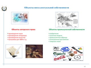 48
Объекты интеллектуальной собственности
Объекты авторского права
• произведения науки
• произведения литературы
• произведения искусства
• программы для ЭВМ и т.д.
Объекты промышленной собственности
• изобретения
• полезные модели
• промышленные образцы
• селекционные достижения
• товарные знаки
 