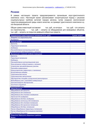 Консалтинговая группа «БизпланиКо», www.bizplan5.ru , vip@bizplan5.ru , (+7 495 645 18 95 )

Резюме
В рамках настоящего проекта предусматривается организация агро-туристического
комплекса «ххх». Настоящий проект рассматривает концептуальный подход к решению
социокультурных проблем жителей городов региона, путем создания экологической
туристско-рекреационной среды нового качества, на примере туристического комплекса в д.
ххх Калужской области.
Общая сумма инвестиций составляет
тыс. руб., из которых
тыс. руб. - это затраты
на строительство,
тыс. руб. – затраты на оборудование для возводимых объектов,
тыс. руб. – затраты на покрытие дефицита оборотных средств.
Направления инвестиционных вложений (тыс. руб.)

Сумма затрат:

Затраты на строительство
Фундамент
Теплый контур
Крепость
Территория паломников
Экодомики
Производственно-эксплуотационная зона
Зона активного отдыха (зимнего и летнего)
Внутренняя и внешняя отделка помещений
Крепость
Территория паломников
Экодомики
Производственно-эксплуотационная зона
Зона активного отдыха (зимнего и летнего)
Устройство производственного участка
Прокладка коммуникаций
Благоустройство территории и озеленение
Исскуственные водоемы
Строительство моста
Строительство автостоянок
Обустройство площадки исторической реконструкции
Водозаборный узел с прокладкой коммуникаций
Противопожарное обустройство
Очистные сооружения
Проектные работы

Оборудование
Оборудование для крепости
Оборудование для экодомиков
Оборудование для столовой (экодеревня)
Прачечная для экодеревни
Оборудование для бани экодеревни
Оборудование гостиницы для поломников
Оборудование для столовой поломников
Оборудование для прачечной поломников
Оборудование для бань поломников
Прочее оборудование территории поломников
Прочее оборудование для оснащения комплекса
Оборудование для пляжа
Покрытие дефицита оборотных средств

Итого:

8

 