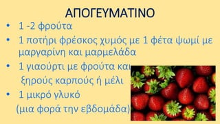ΑΠΟΓΕΥΜΑΤΙΝΟ

• 1 -2 φρούτα
• 1 ποτήρι φρέσκος χυμός με 1 φέτα ψωμί με
μαργαρίνη και μαρμελάδα
• 1 γιαούρτι με φρούτα και
ξηρούς καρπούς ή μέλι
• 1 μικρό γλυκό
(μια φορά την εβδομάδα)

 