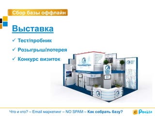 Сбор базы оффлайн

Выставка
 Тест/пробник
 Розыгрыш/лотерея
 Конкурс визиток

Что и кто? – Email маркетинг – NO SPAM – Как собрать базу?

 
